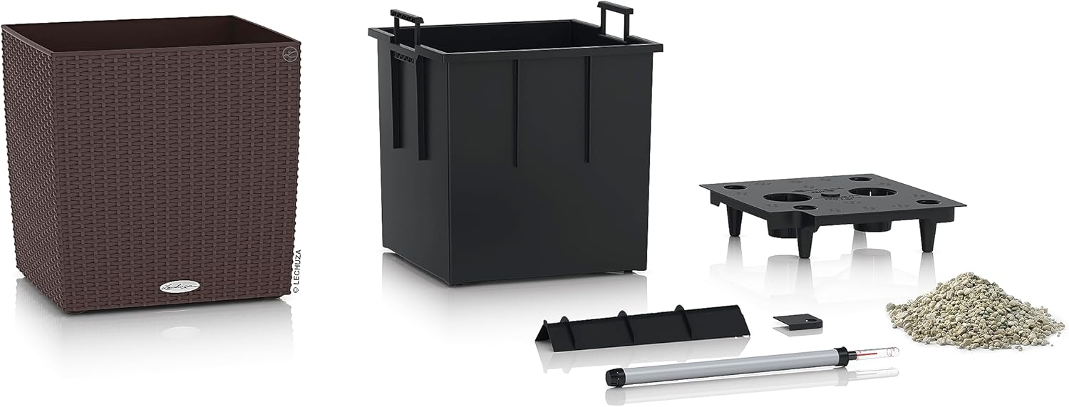 Lechuza Cube Cottage 40 Mocha, Self-Watering Square Planter, H15.7 L15.4 W15.4 in