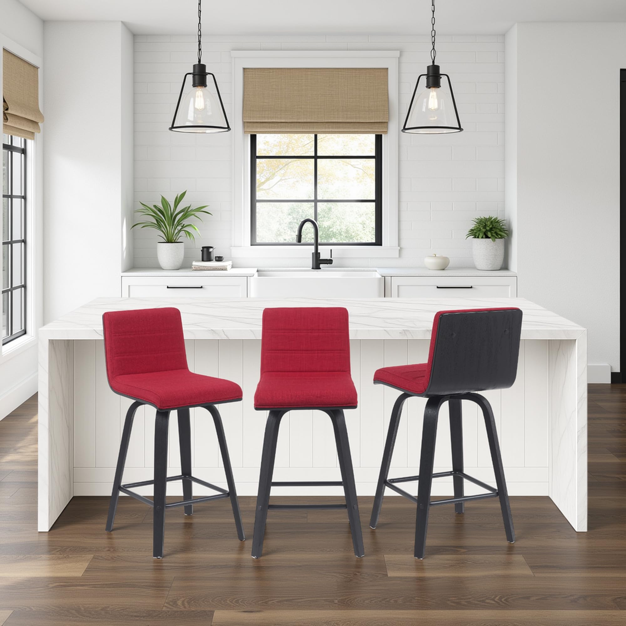 Vienna Modern Counter Height Swivel Bar Stool with Red Upholstered Seat and Brushed Wood Frame Set of 4