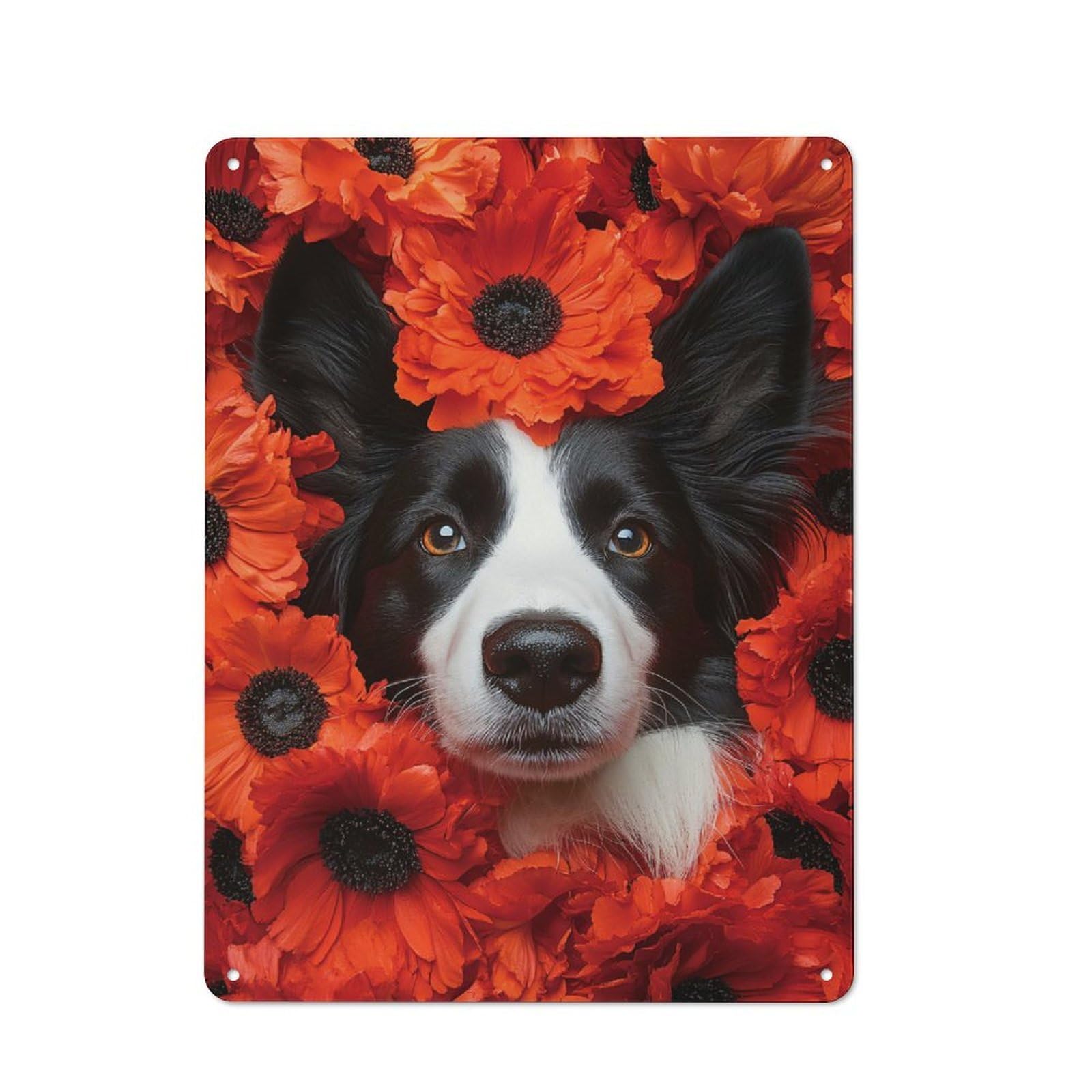Junmoney Style-5 Border Collie Dog Surrounded By Poppies Warehouse Style Metal Wall Decor 40X30cm, Tin Wall Sign For Modern Home, Workshop, Office Or Cafe