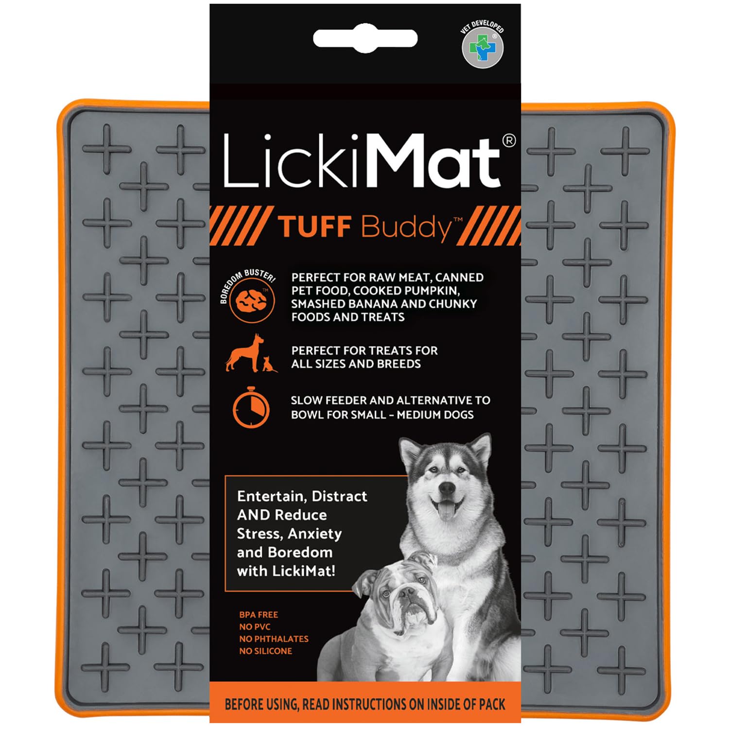 Lickimat Tuff, Heavy-Duty Buddy, Dog Slow Feeder Lick Mat, Boredom Anxiety Reducer; Perfect for Food, Treats, Yogurt, or Peanut Butter, Fun Alternative to a Slow Feed Dog Bowl, Orange — image 1