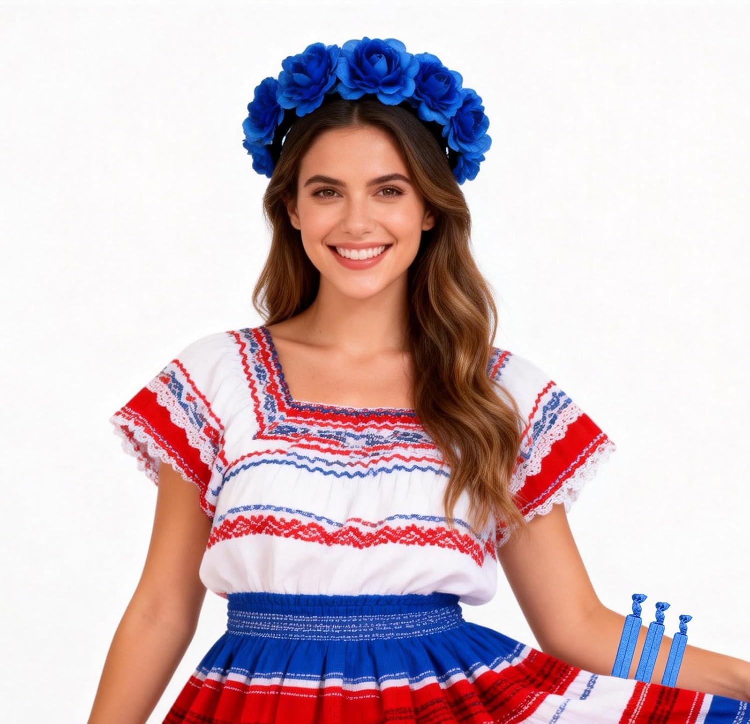 Diadema de flores de rosa, corona de pelo mexicano (azul)