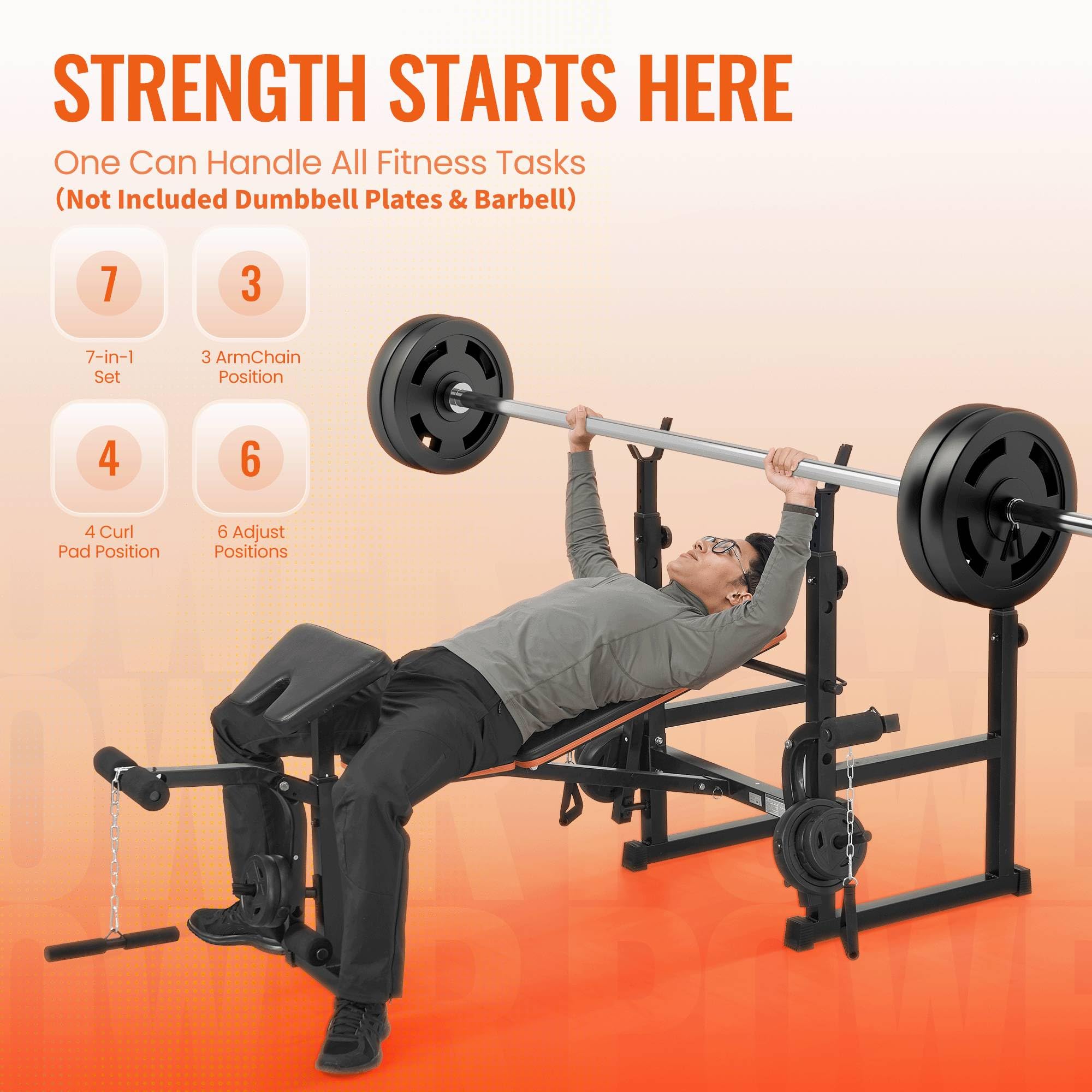 7 In 1 Weight Bench Set with Squat Rack and Preacher Curl Workout Bench with Leg Extension and Leg Curl Adjustable Weight Bench with Barbell Rack Safety Bar Catches 600LBs Weight Capacity for Home Gym