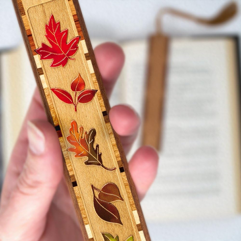 Autumn Leaves Engraved with Color Wooden Bookmark with Tassel - Also Available to be Personalized - Made in the USA