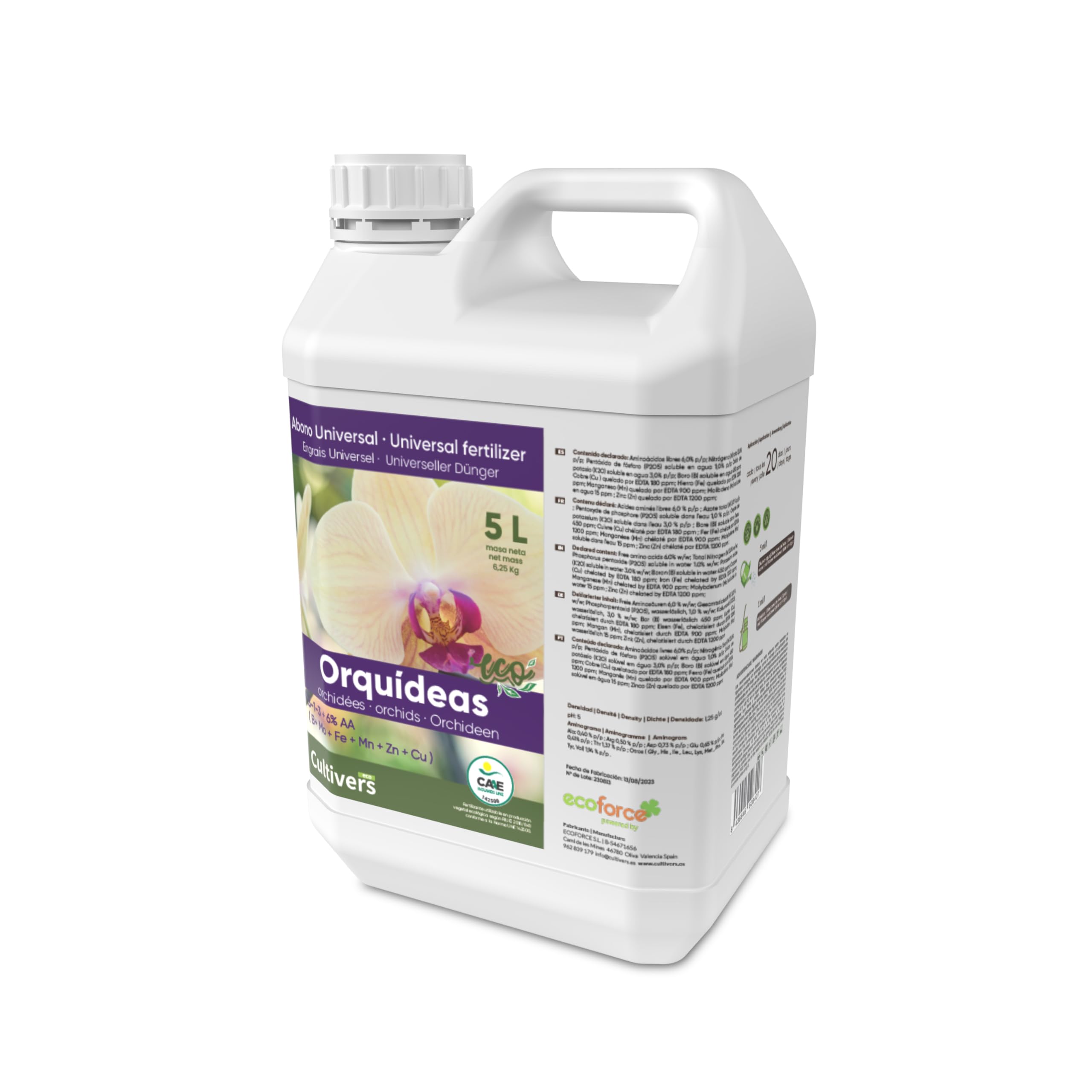CULTIVERS Fertilizante Ecológico Orquídeas Líquido. Crecimiento saludable, Mayor Floración e Intensifica el color. Con Macronutrientes y Micronutrientes. Abono 100% Orgánico y Natural. (5 L)