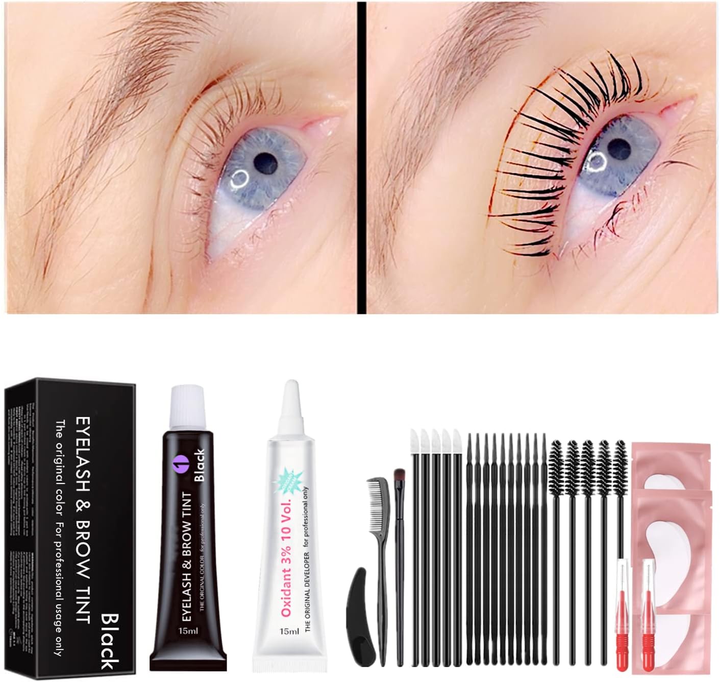 Black Lash T-i-n-t Kit, Keratin Black Eyelash D-y-e and Eyebrow T-i n t, 6 Week Voluminous Brow T-int, T-inting Look For Lash Perm/Lift/Lamination Treatment Dark Eyelash T-int Kit Only