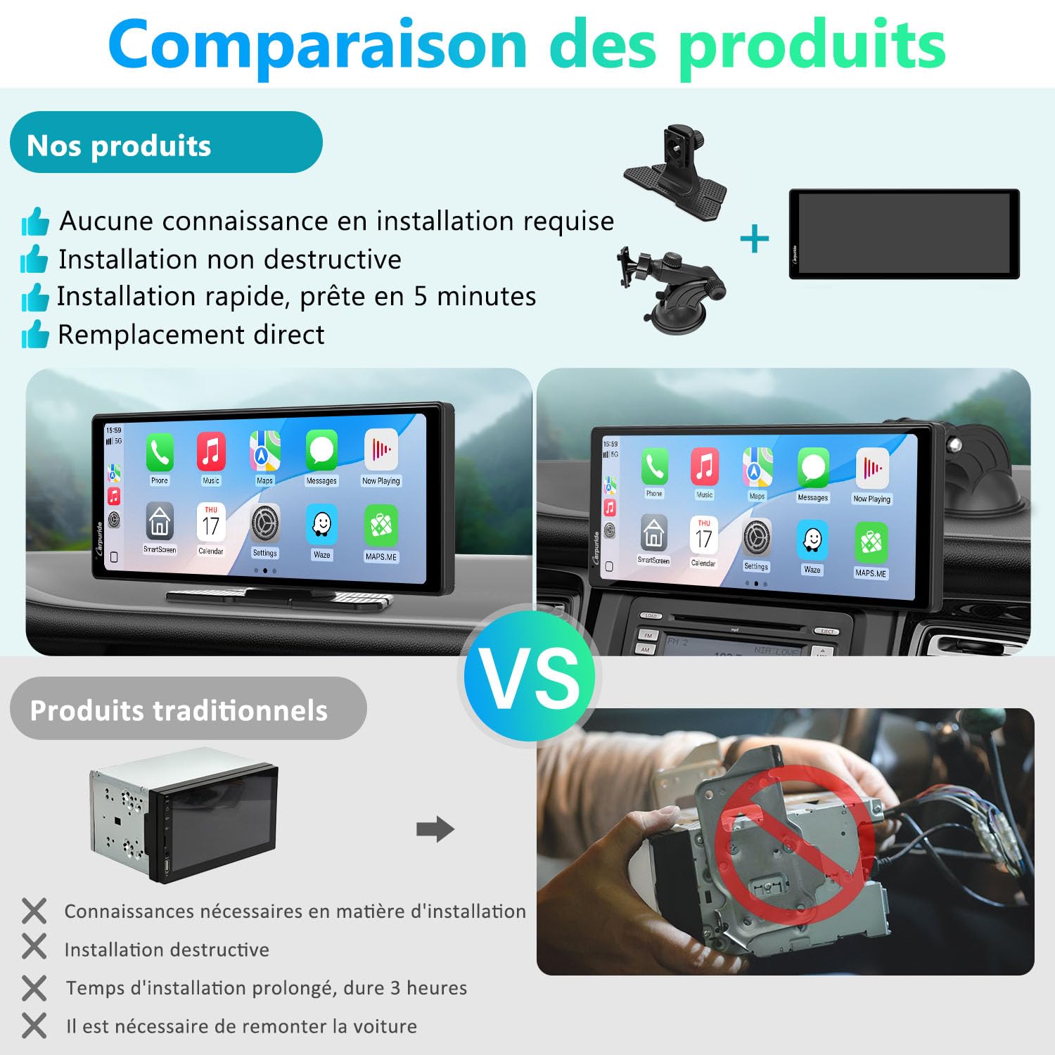 Carplay Écran Portable, Carpuride V92R sans Fil Carplay et Android Auto, écran Tactile HD 10,26 Pouces 1080p avec véritable caméra de recul 720p/BT 5.0/Support de Liaison Miroir pour Camion