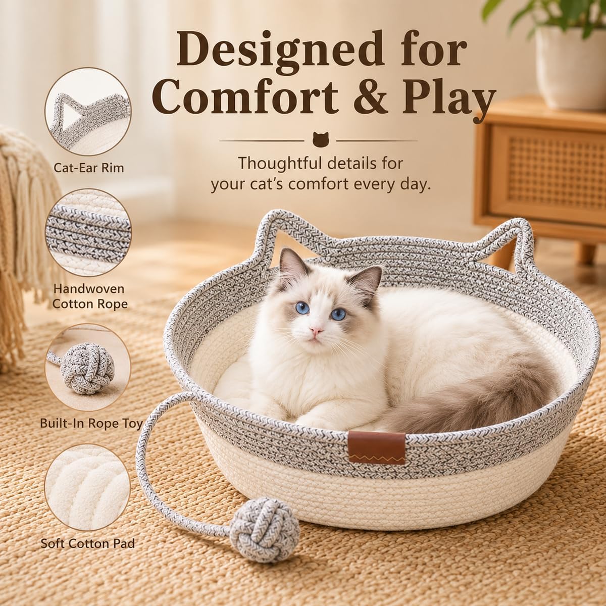 Instinct Basket for Cats, Handwoven Cotton Rope Cat Basket Bed with Toy Ball and Cat Ear Handles, Scratchable Breathable Round Woven Cat Basket for Indoor Cats (Large,Gray White Basic) thumbnail