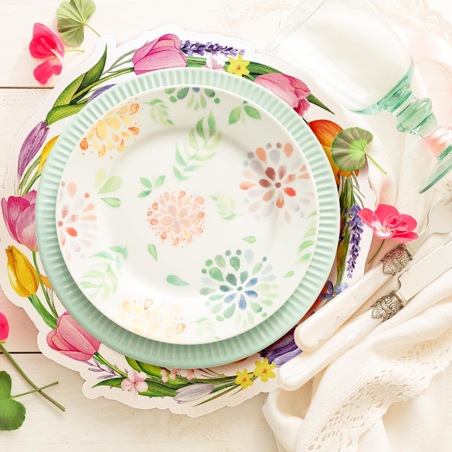 FYSUIMU 50 Sheets Tulip Spring Floral Paper Placemats Watercolor Flower Butterfly Disposable Table Place Mats for Spring Summer Wedding Party Decor Supplies