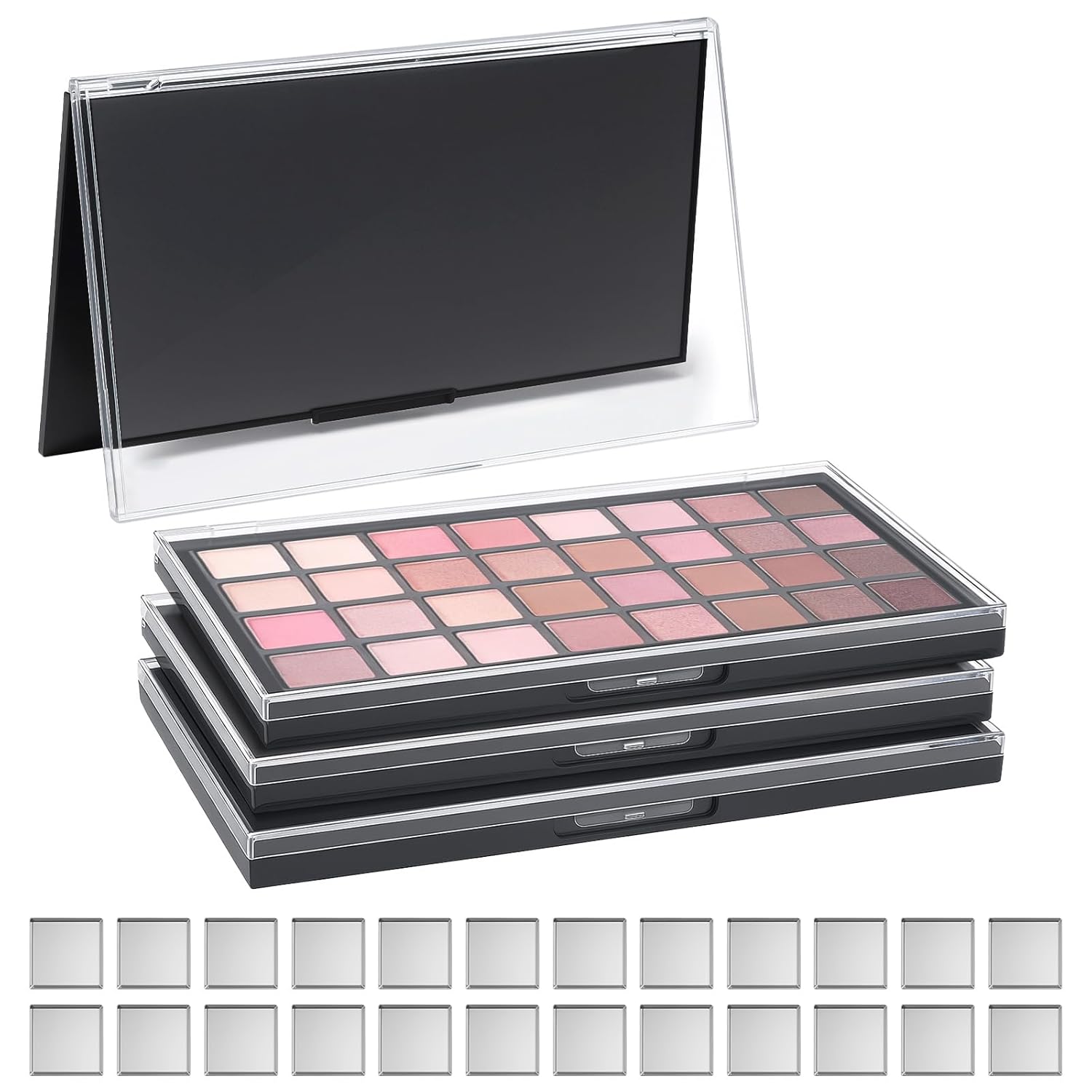 3 Pack Large Magnetic Makeup Palette with Clear Top 7.7"x4.3" Empty Cosmetics Pan Dispensing Storage Box 36 Metal Empty Square Makeup Eye Shadow Tray for DIY Eyeshadow Lipstick Blush Powder