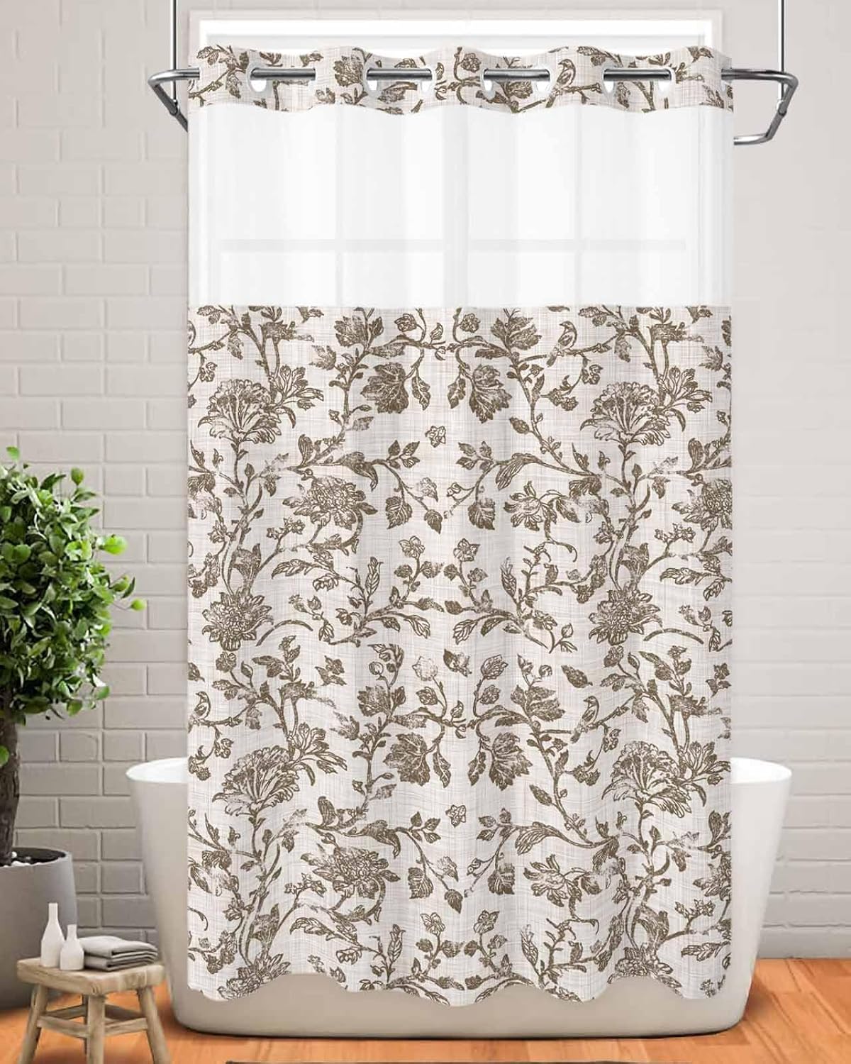 Boho Floral Brown No Hook Shower Curtain with Snap in Liner Waterproof Fabric Shower Curtain Set for Bathroom Spring Farmhouse Flower Textured Beige on Linen Shower Curtain with Top Window 36"x78"