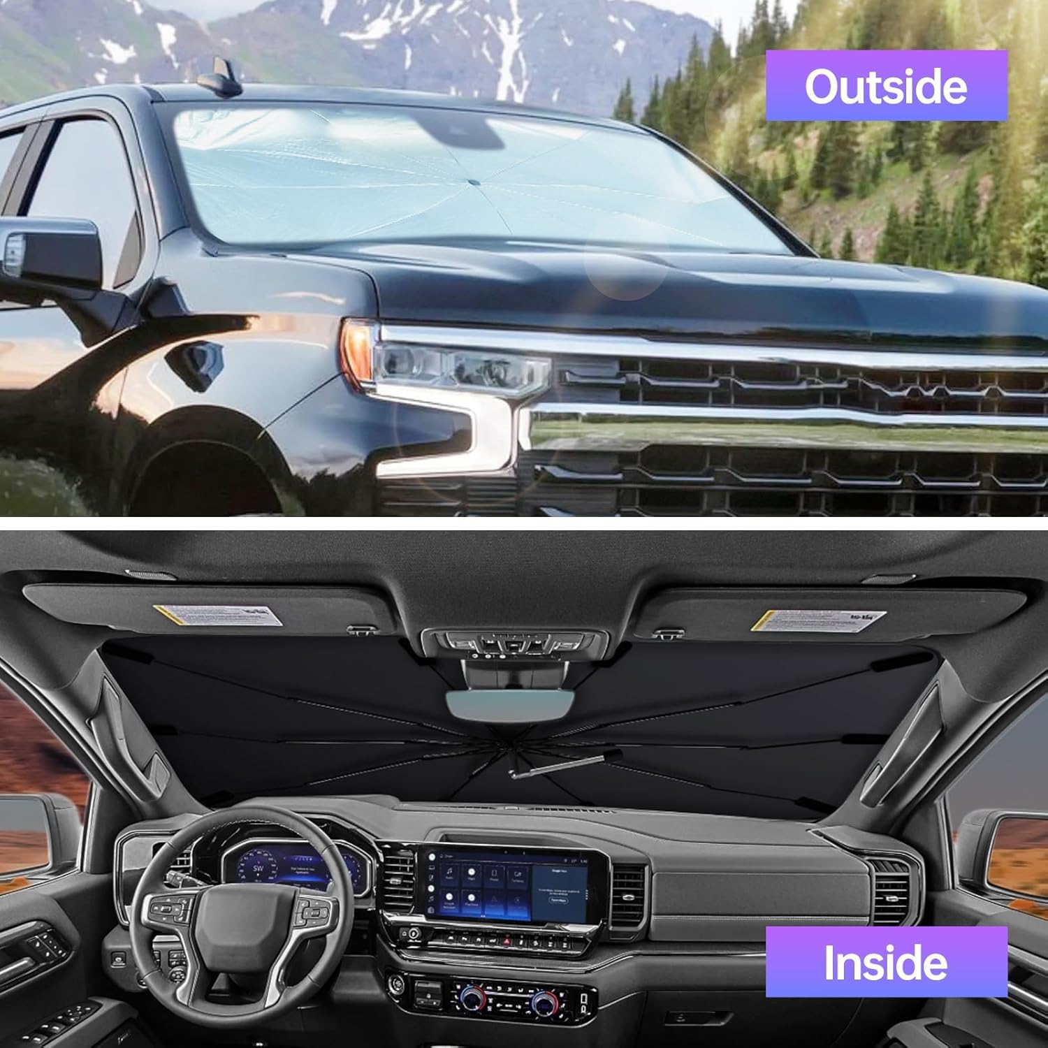 [2026 Upgraded] Windshield Sun Shade Umbrella, Foldable Car Sunshade for Trucks & SUVs with UV Protection, Heat Insulation & Automotive Interior Sun Protection for Outdoor Parking Camping (X-Large)