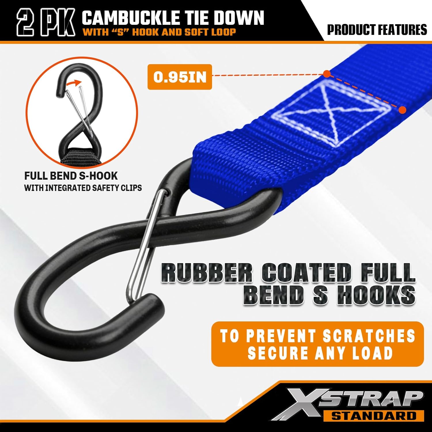 XSTRAP STANDARD 2-Pack Heavy Duty Tie Down Straps, 1.5" x 8ft, 3000lb Break Strength with S Hooks & Soft Loops for Motorcycle, ATV, Kayak, Boat, Truck Accessories - Blue