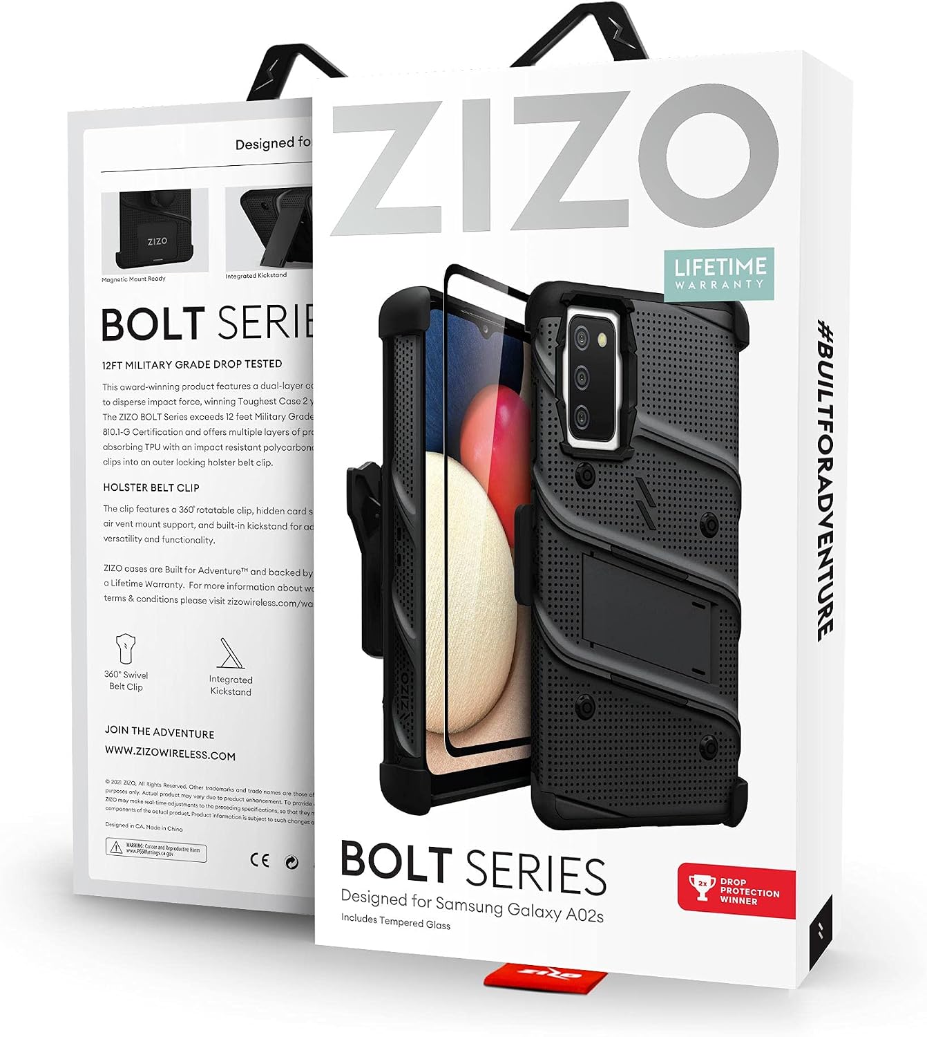 ZIZO Bolt Series for Galaxy A02s Case with Screen Protector Kickstand Holster Lanyard - Black