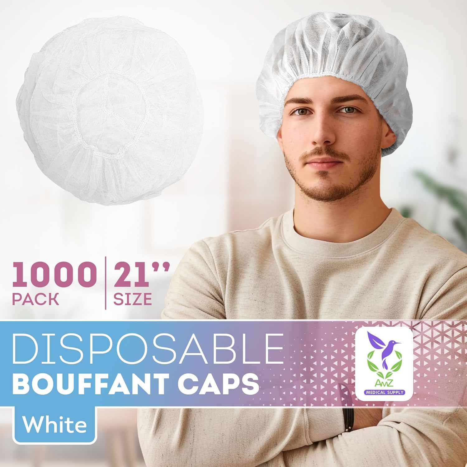 AMZ Medical Supply White Disposable Bouffant Caps Medical, 21 Inch. Pack of 1000 Disposable Hair Covers for Nurses. Breathable Polypropylene Bouffant Caps with Elastic Band for Food Service