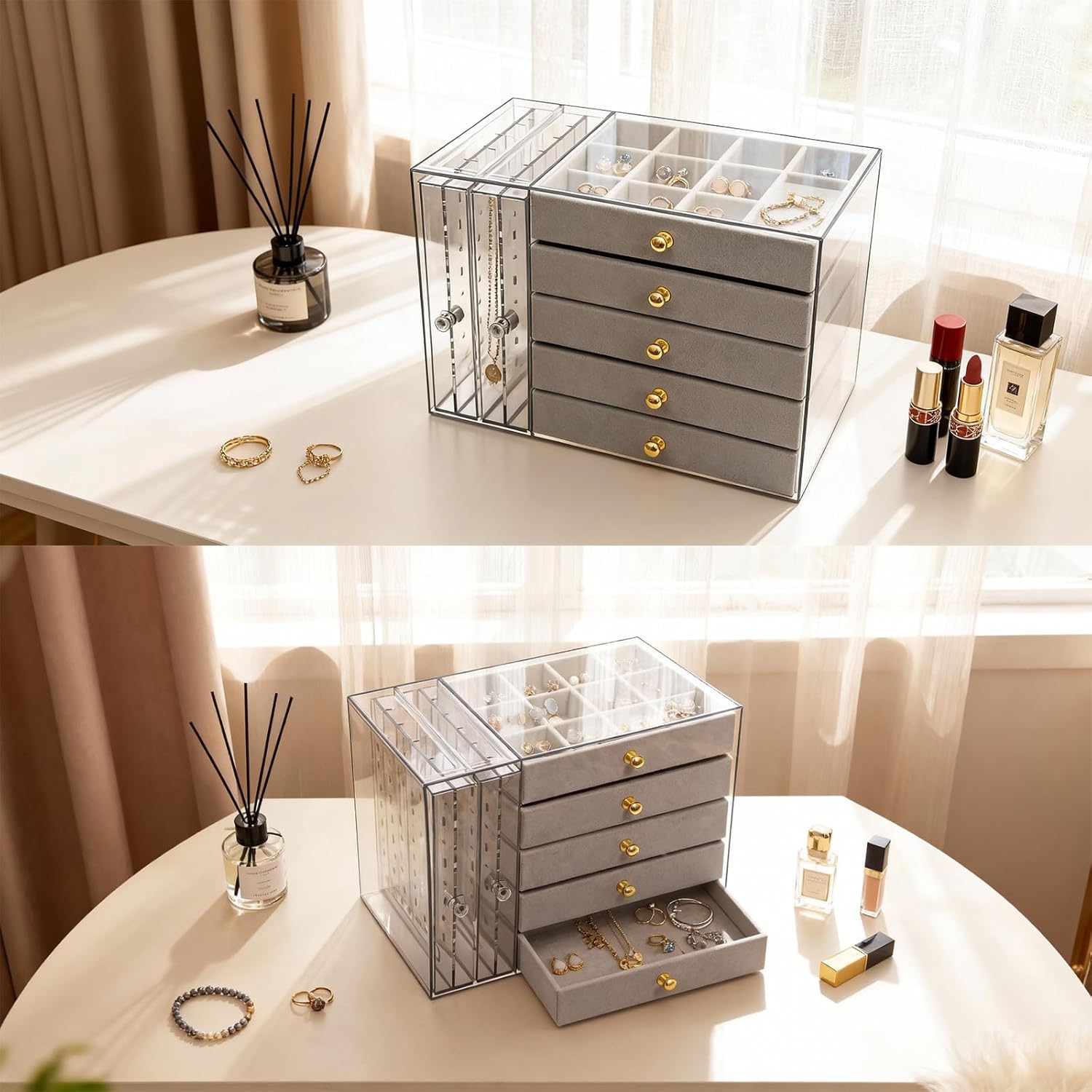 grey Jewelry Box Organizer, Transparent Acrylic Case with Velvet-Lined 5 drawers and 2 side drawers, Versatile Compartments for Earrings, Rings, Necklaces, Bracelets