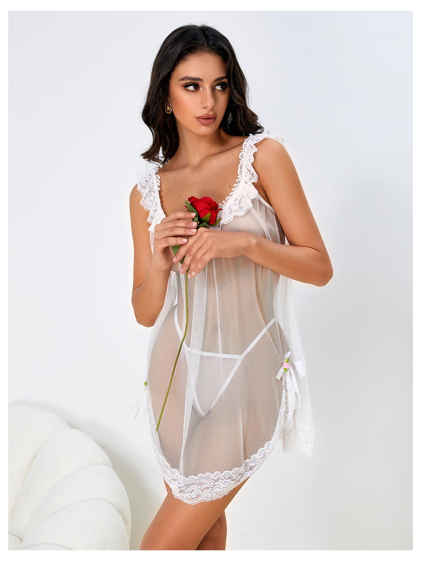 OYOANGLE Women's 2 Piece Mesh Sheer Floral Lace Babydoll Slip Dress Nightgowns and Thong Lingerie Set: Small White