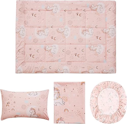 Miniatura 4 de JSD Juego de ropa de cama infantil de 4 piezas de unicornio rosa, juego de edredón de microfibra con estampado de niñas, incluye sábana encimera,