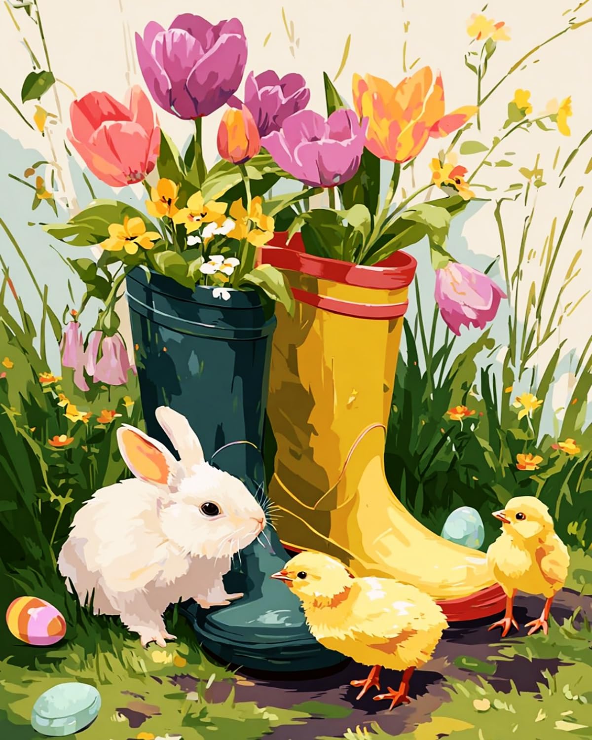 Liubaishi Multicolour Paint By Numbers For Adults, Easter Spring Theme With Bunny And Chicks, 40X50 Cm Acrylic Canvas Kit With 3 Brushes