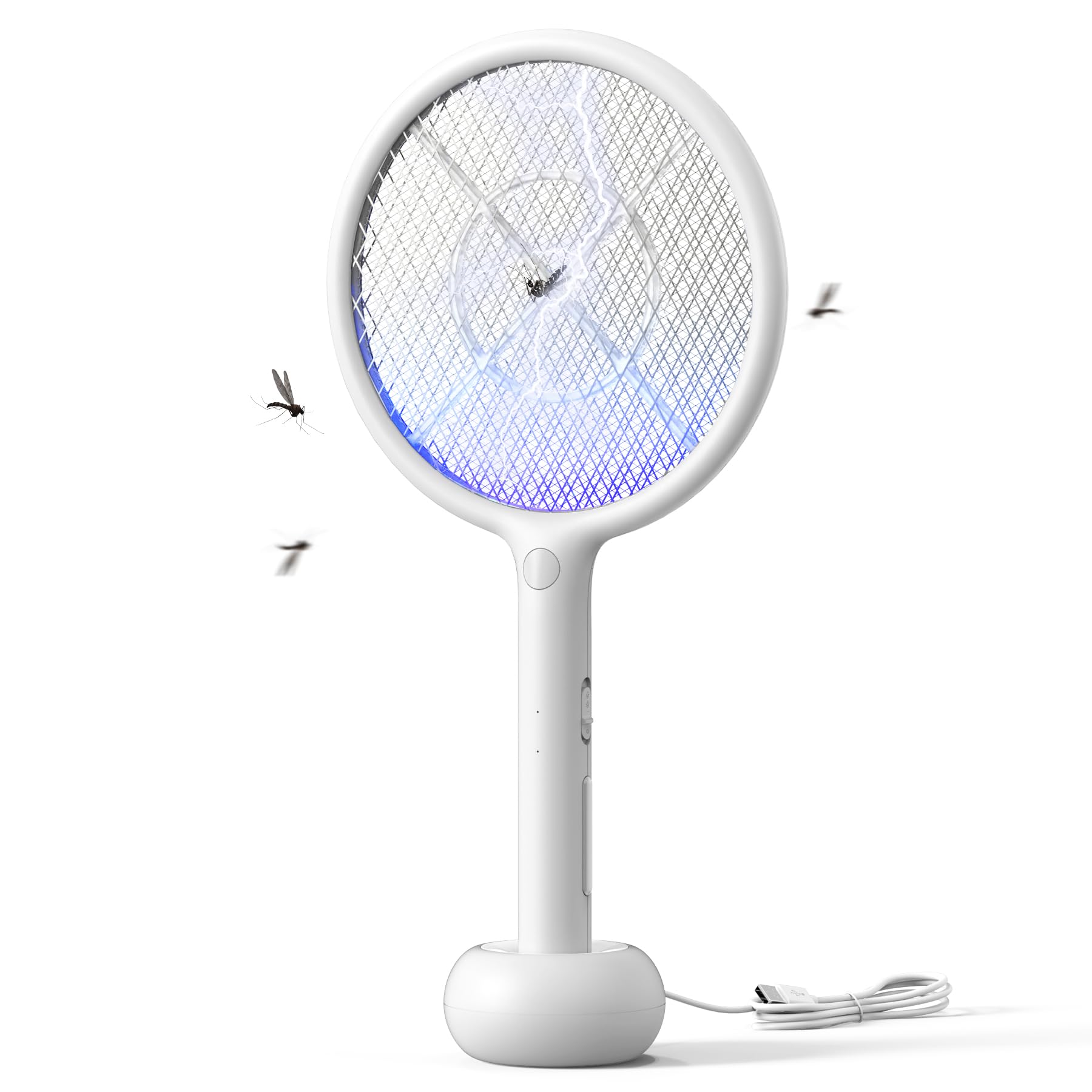 VEGREM Elektryczna Łapka na Muchy, 4000V, 2 w 1, Lampa Przyciągająca Komary, Baza Ładowania USB, z 1200mAh Akumulatorem, Światło LED, 3-warstwowa Siatka Ochronna, Skuteczny Przeciwko Komarom