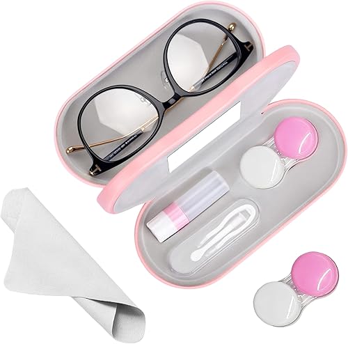 Estuche de contacto portátil 2 en 1 con espejo, pinzas, botella de solución, funda para gafas, paño de limpieza para viajes, oficina, hogar (rosa)