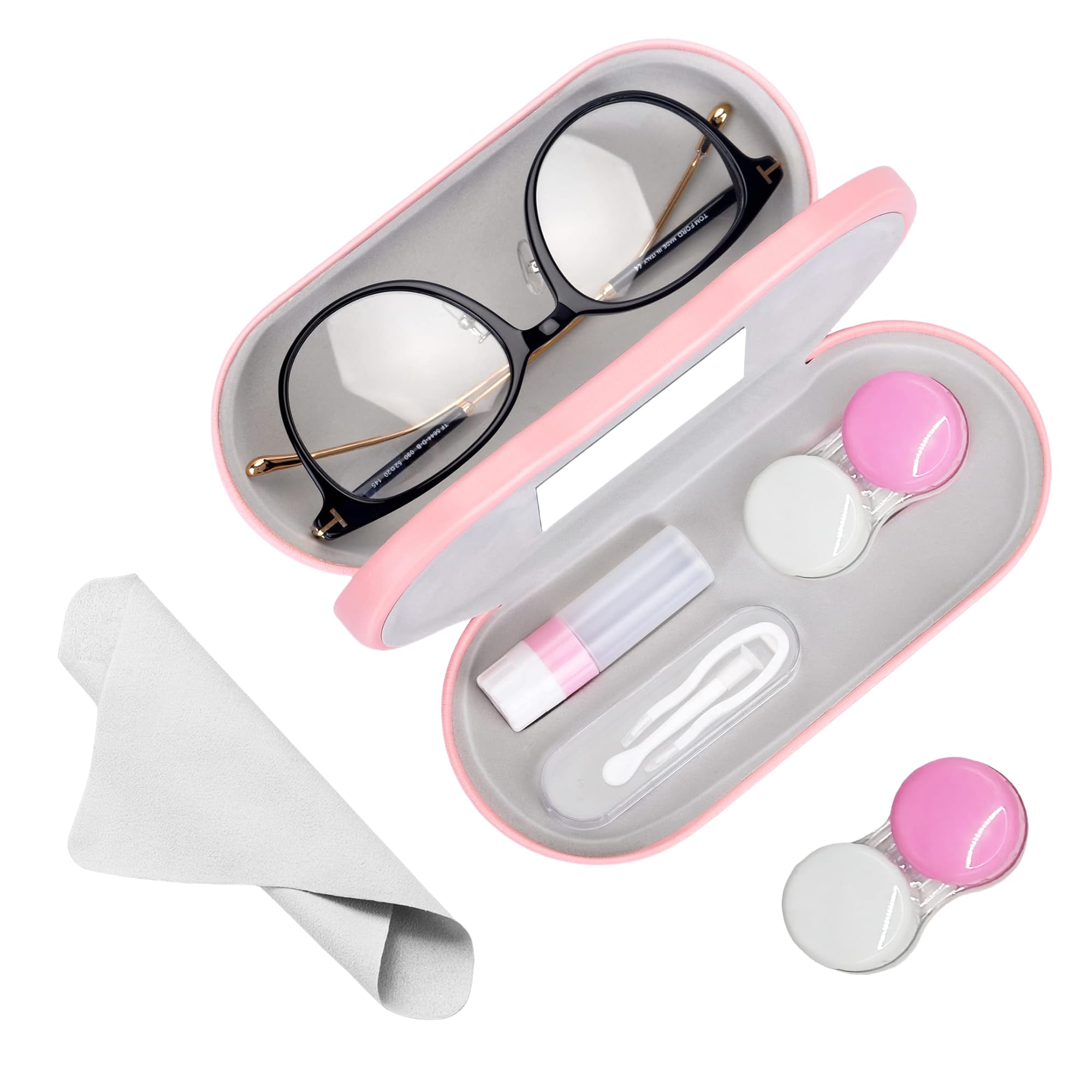 YKuzLx Contact Lens and Glasses Case with Cleaning Cloth,2 in 1 Portable Contact Case with Mirror Tweezers Remover Tool Solution Bottle for Travel,