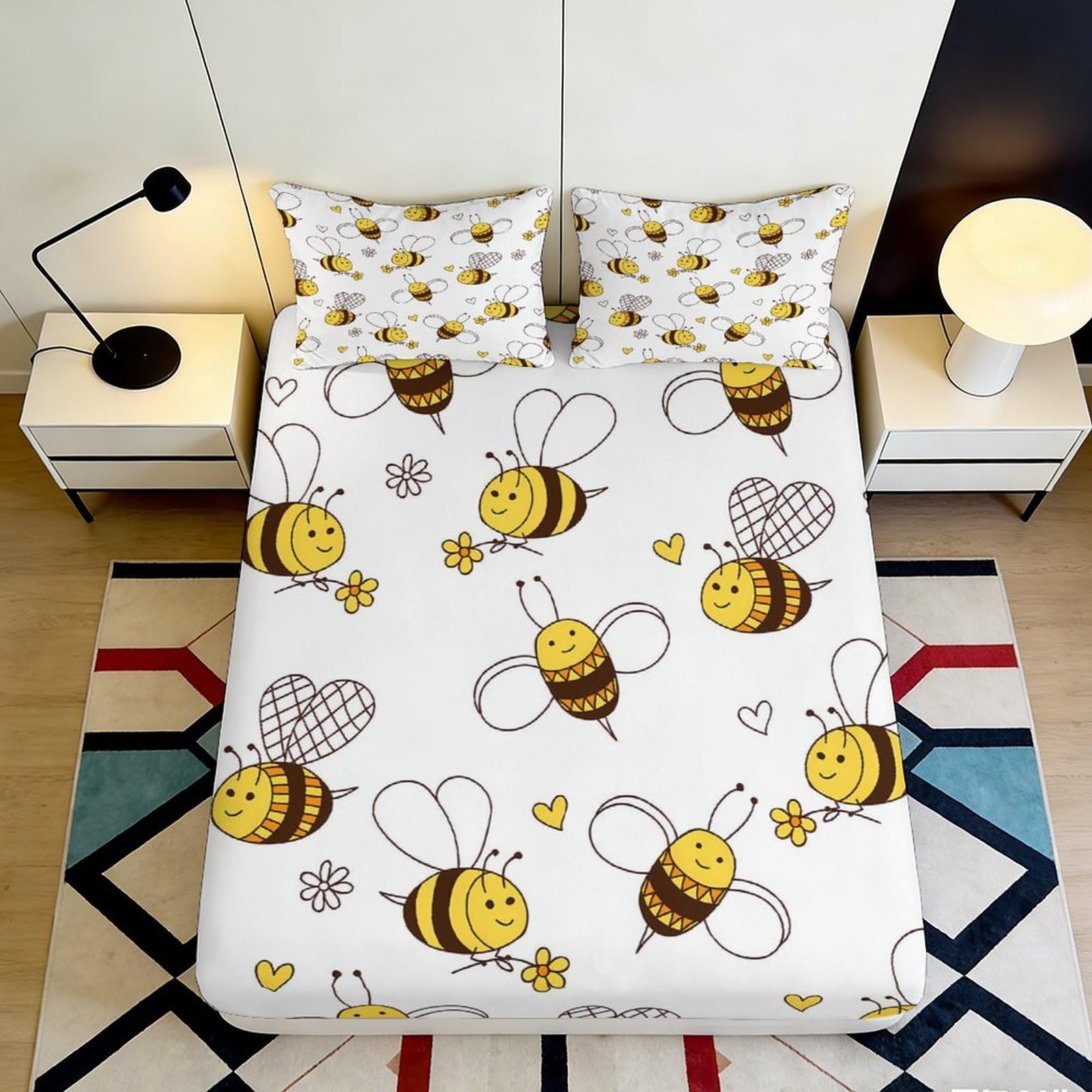 Jqzkxnhpbr Style-3 3D Printed Cute Bee Fitted Sheet Microfiber Yellow Cartoon Honey Mattress Cover Anti-Slip Machine Washable Bedroom Decor 90X200x25cm