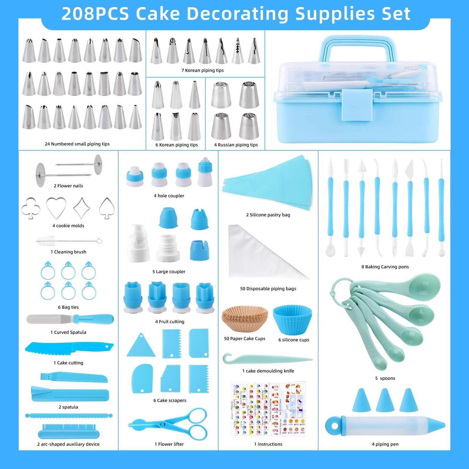 Kuchendekoration Werkzeugset for Kuchendekoration, 138-teilig, Backzubehör inklusive Spritzbeutel und Spitzen-Set, Spritztüllen-Set, Pink sdganjjei(Blue (208 PCS))