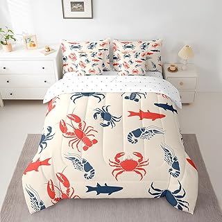Erosebridal Sea Animal 7 Pcs Comforter Set Twin Crab Lobster Bedding for Teens Boys Shark Fish Prawn Retro Background Shee...