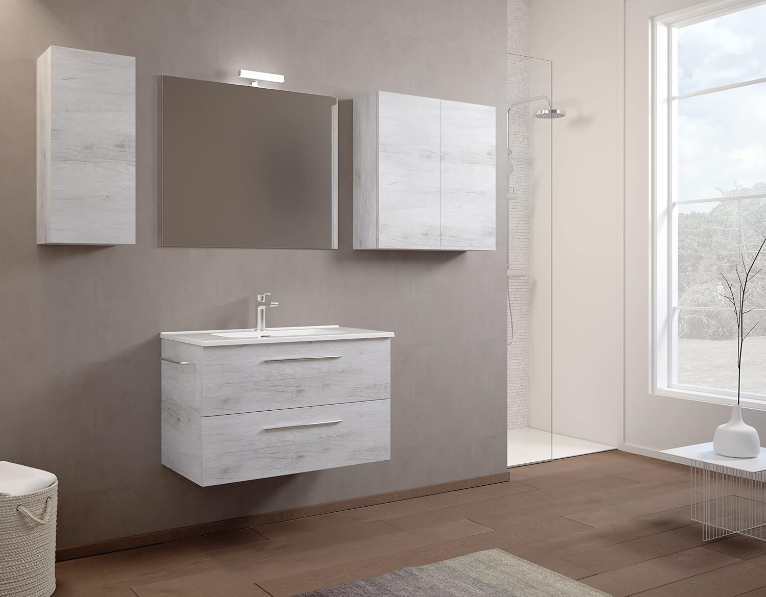 Mama Store Atena Reversible Wall Cabinet installed in a modern bathroom setting above a vanity.