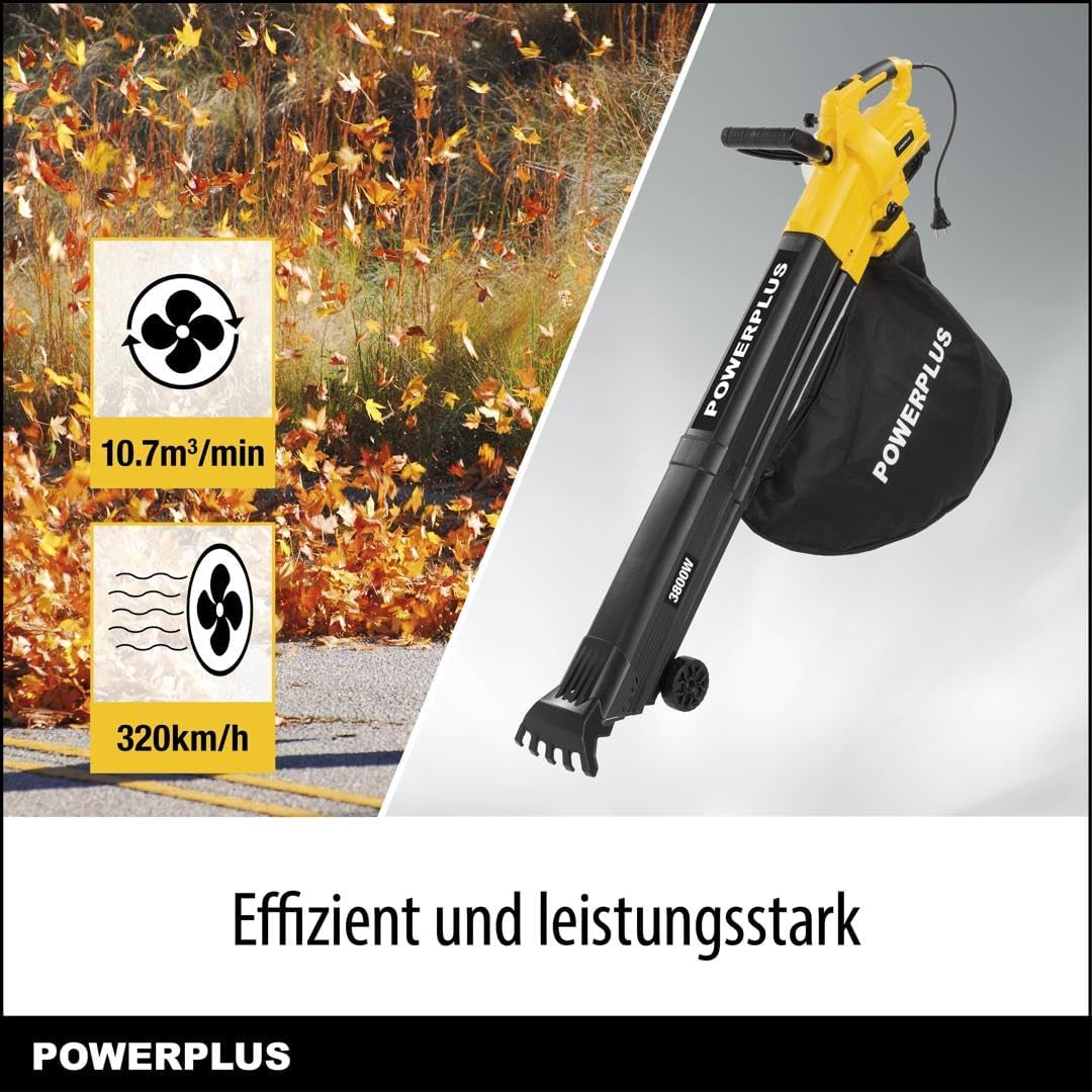 Powerplus POWXG4039 blowing leaves with icons for air volume and speed