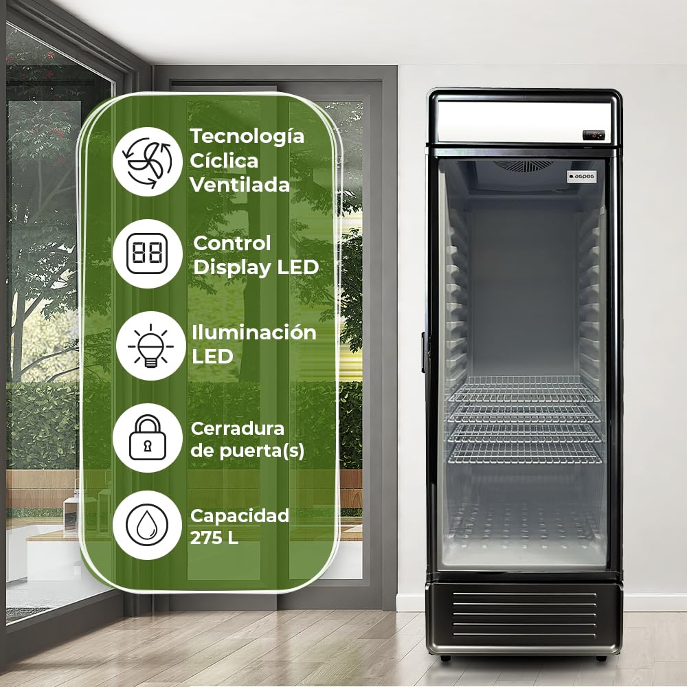 Aspes Frigorífico Horeca Negro, 1 Puerta ARH1755500ENF, Capacidad 275 Litros, Cíclica ventilada, Bajo Nivel Sonoro, Clasificación Energética E