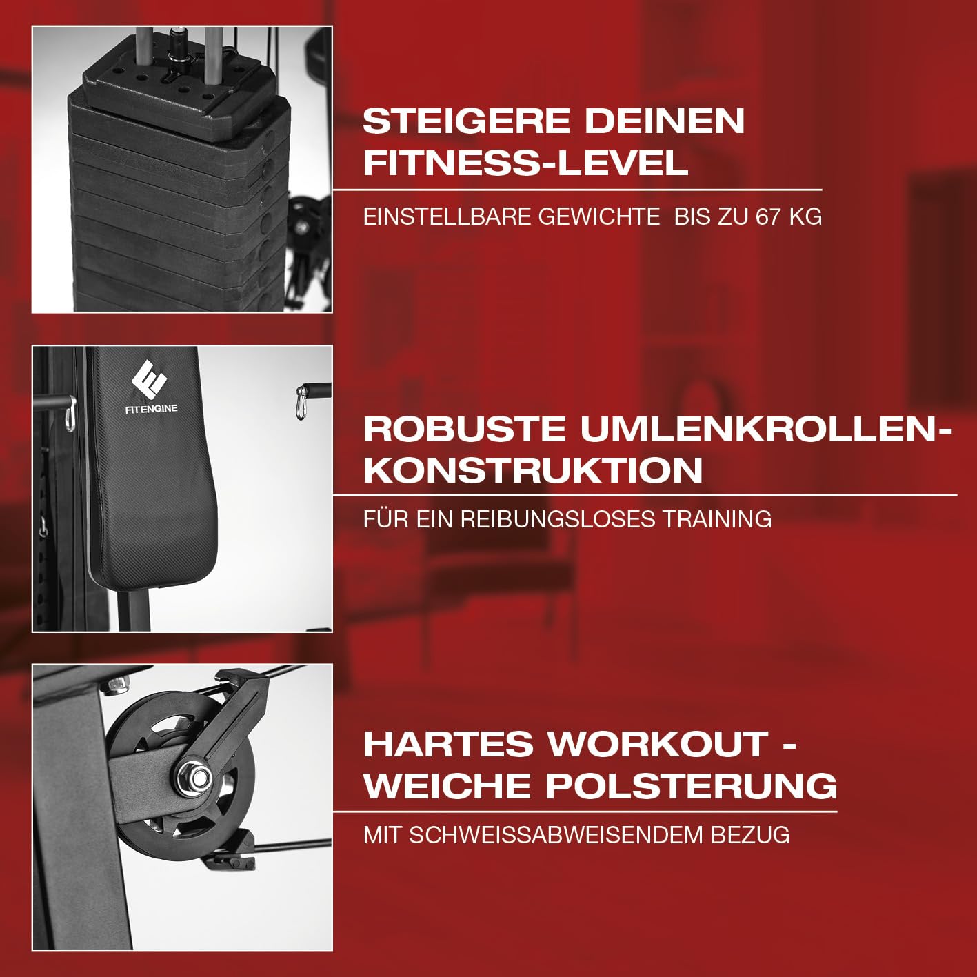 FitEngine Kraftstation | Multifunktions-Homegym für den ganzen Körper | Gewichte bis zu 67 kg einstellbar, mit Latzugstange, Beinpresse, Bizepscurl-Polster u.v.m. | Hochwertiges Stahlmaterial