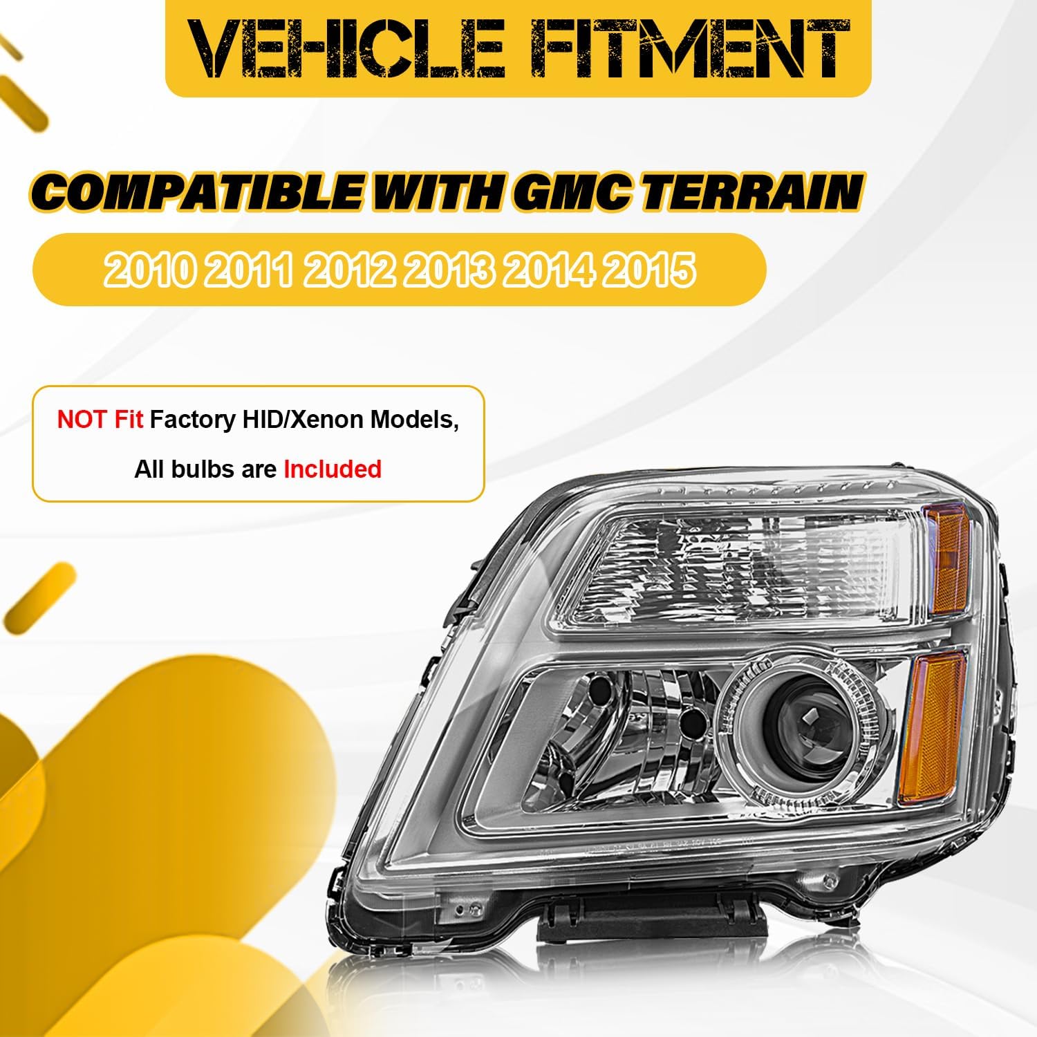 Headlight Assembly with Bulbs Compatible with GMC Terrain 2010 2011 2012 2013 2014 2015, Halogen Headlamp Replacement for 84791974 84791975, Left and Right Side, Chrome Housing Amber Reflector
