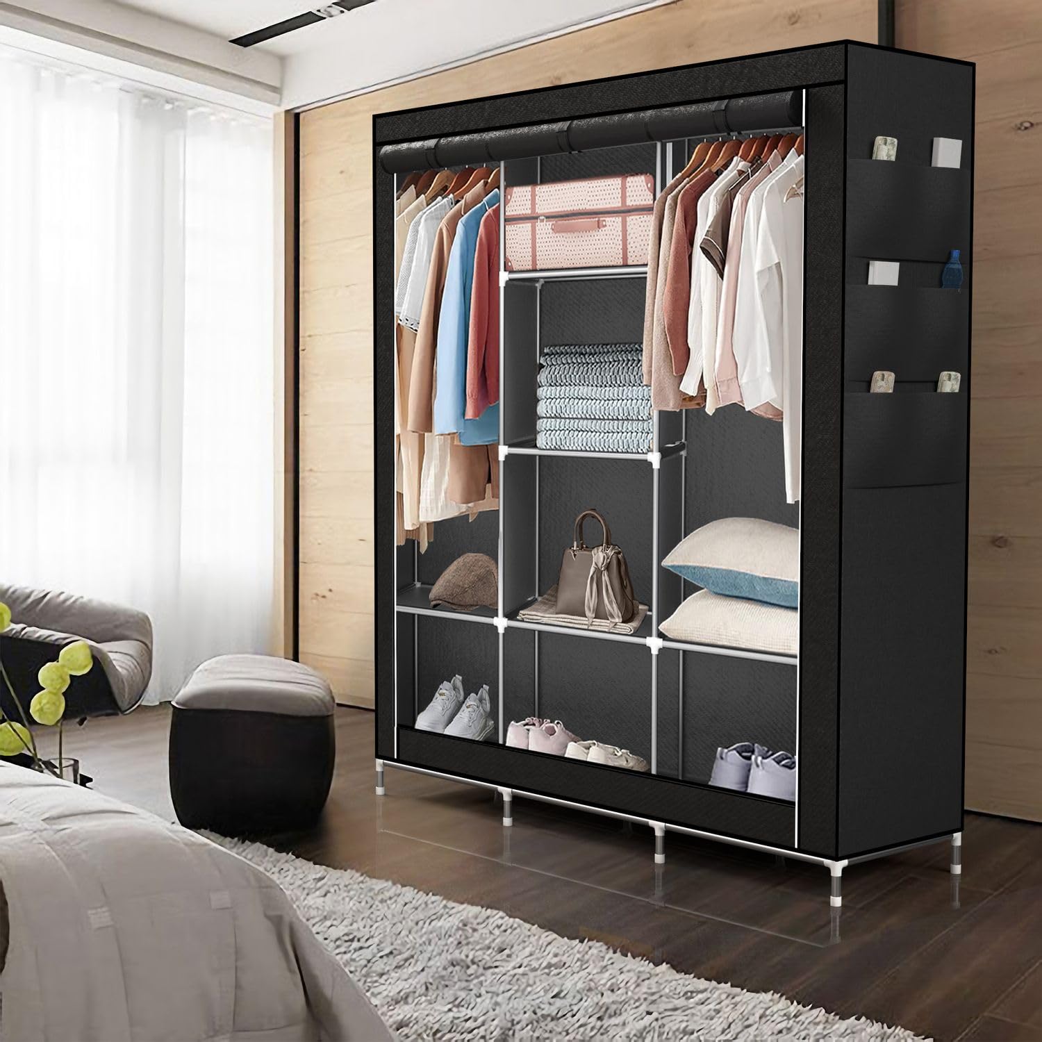 INTIRILIFE Faltschrank 130x175x45 cm in Raben SCHWARZ - mit Reißverschluss Stoffschrank Kleiderschrank mit Kleiderstange, Fächern und Seitentasche - Camping Steckschrank Textil Garderobe