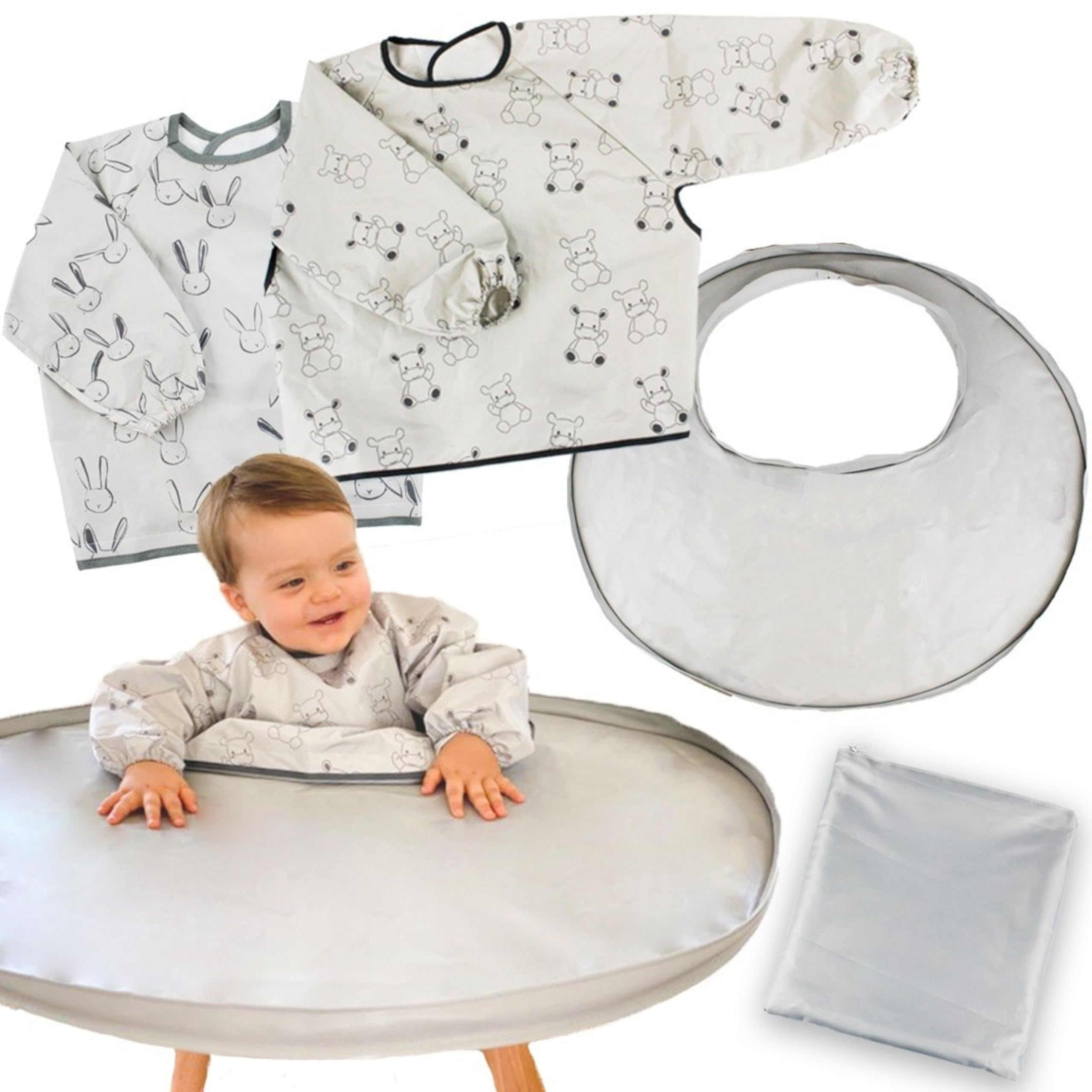Hello Hippo® Kit 2 bavaglini impermeabili con vassoio didattico grigio per seggiolone – Vassoio con ventosa – Maniche lunghe per pappa, pittura e attività creative