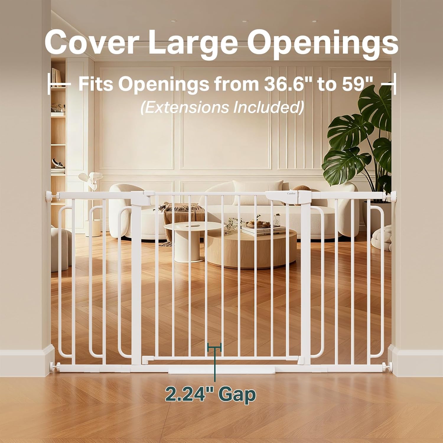 Cumbor 36.6-59 Extra Wide Baby Gate for Stairs, Pressure Mounted Dog Gate for Doorways, Auto-Close Easy Walk Through Safety Child Gate for Kids Toddler, Tall Pet Gates Indoor, White