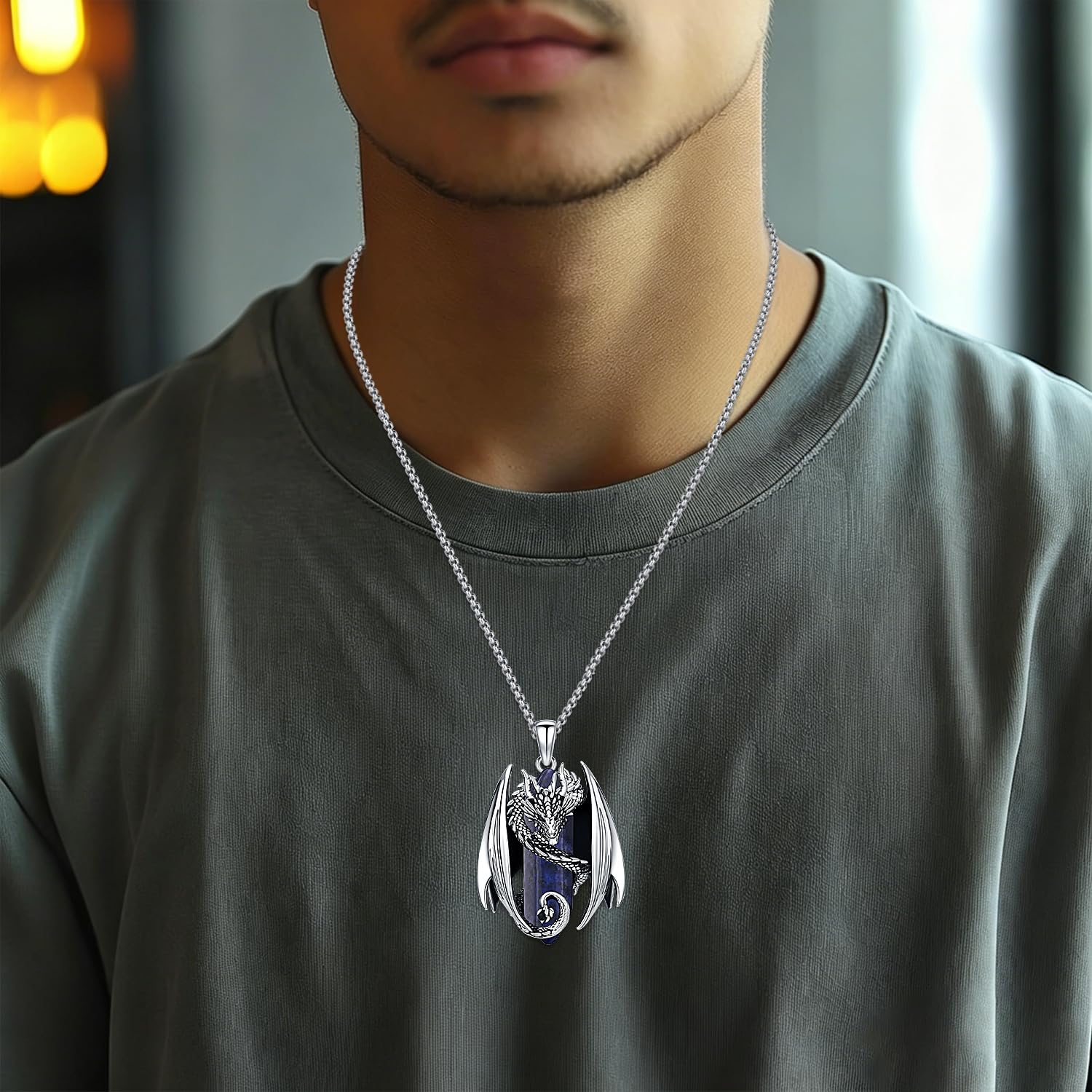 Aniu Collier Dragon pour Homme Pendentif Viking Dragon en Cristal, Hexagonal de Guérison Bijoux Gothique Cadeau pour Homme Femme
