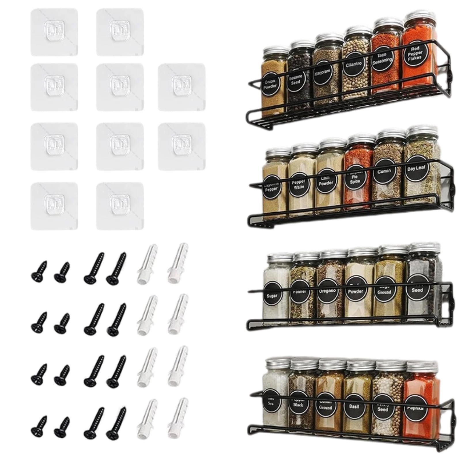 Braozaiw Spice Rack, No-Drill Adhesive Iron Spice Organiser, Wall Mounted Rack, Kitchen Cupboard Storage Shelf for Jars and Herbs