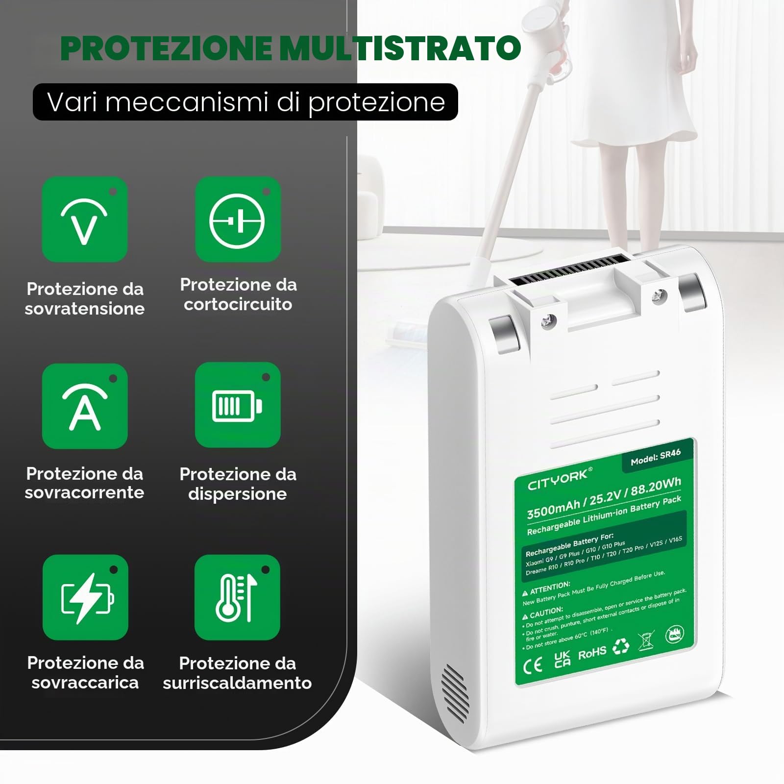 CITYORK Batteria di ricambio per aspirapolvere Xiaomi G9, G9 Plus, G10, G10 Plus, V12S, V16S, 25,2 V, 3500 mAh
