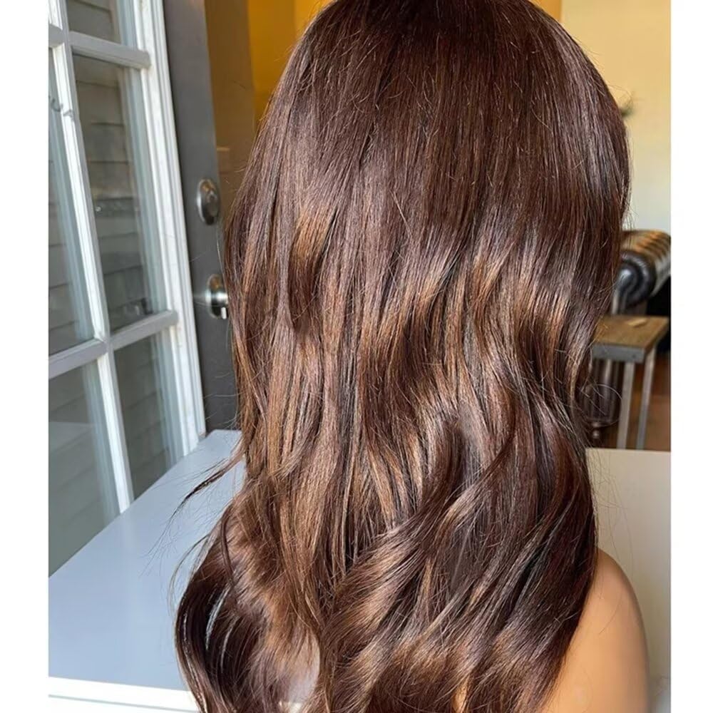 Chocolate Brown #4 Colored Wig with Bangs 13X6 HD Lace Front Wig Natural Wave Glueless Human Hair Pre Plucked with Bleached Knots Brazilian Remy Hair 150 Density For Black Woman 18 Inches