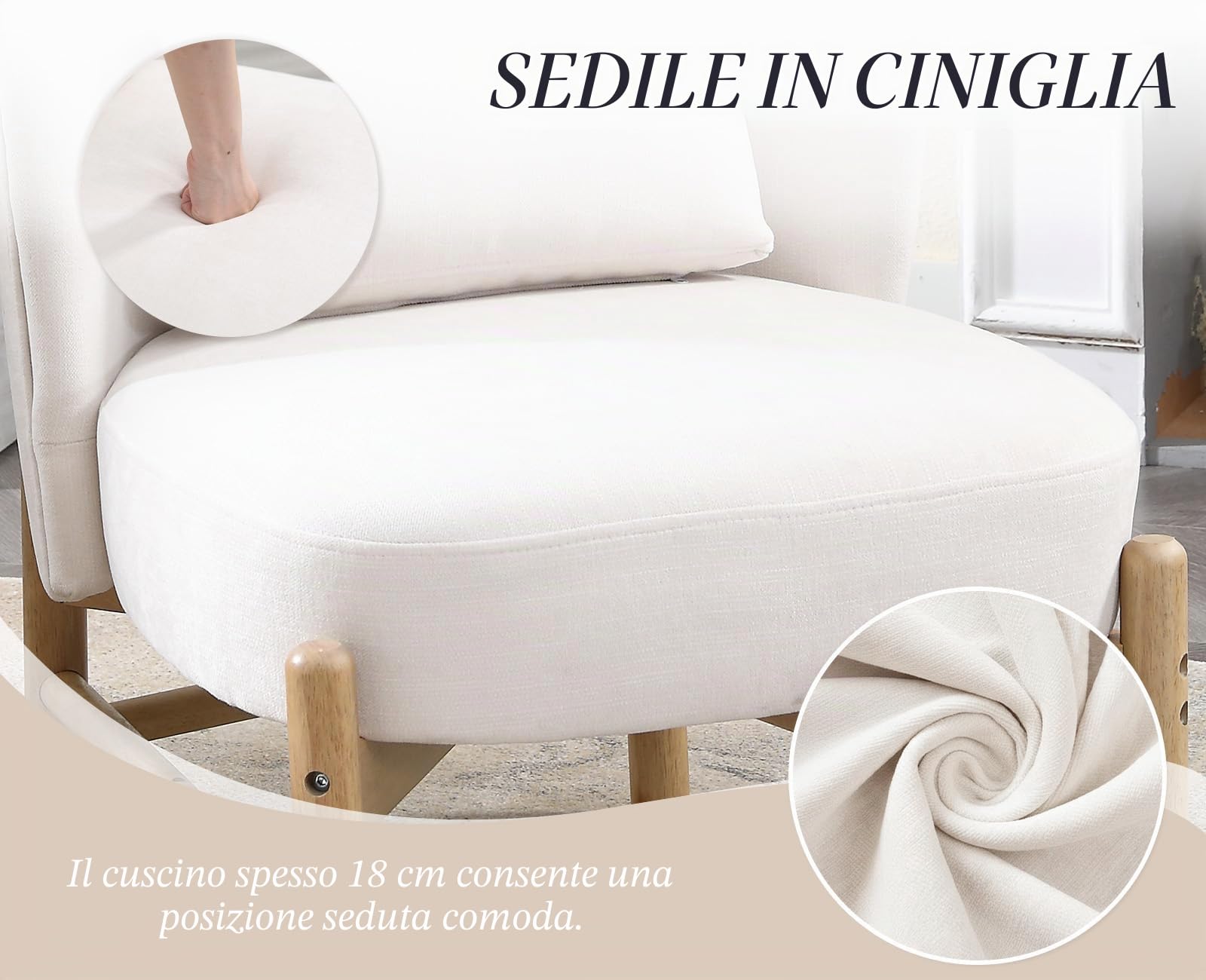 chairus Sedia da salotto con cuscino lombare, senza braccioli, in ciniglia, imbottita, con gambe in legno, colore: bianco