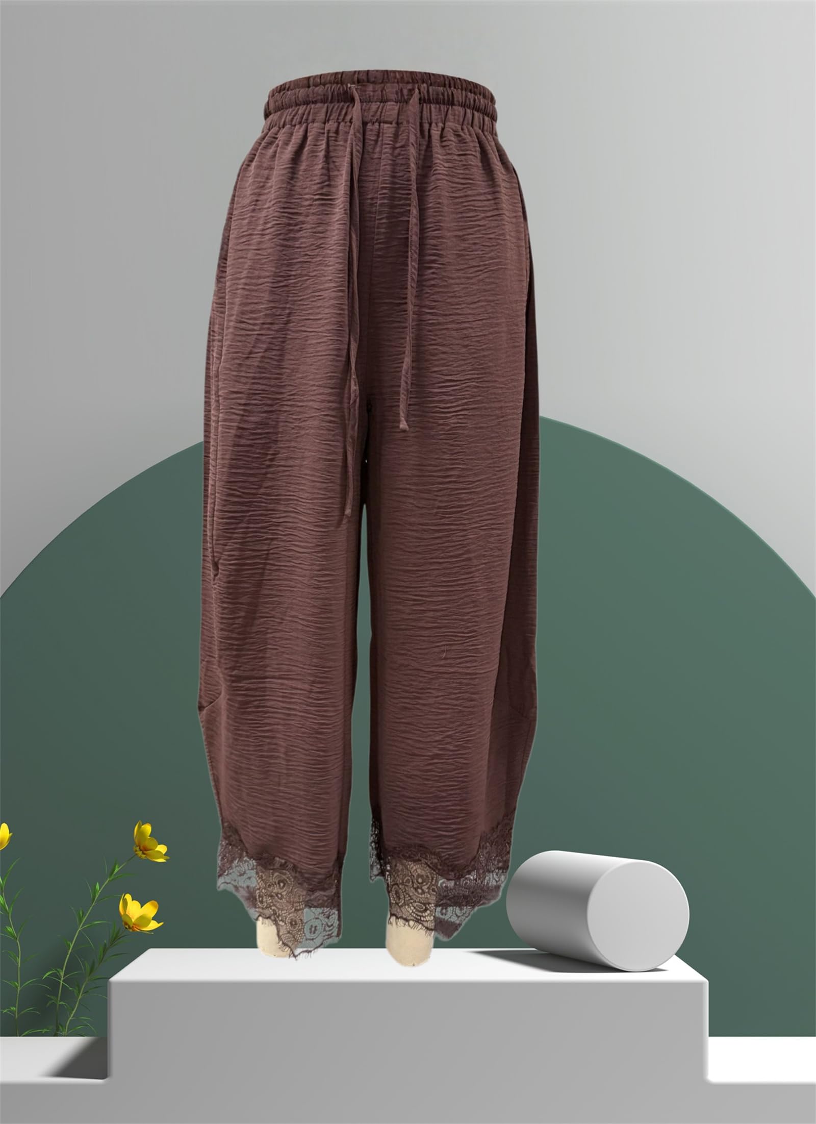 Pantaloni da Donna a Gamba Larga con Bordo in Pizzo, Estivi, Casual, Cropped, con Elastico in Vita e Orlo in Pizzo, Leggeri, Ideali per la Spiaggia e Le Vacanze