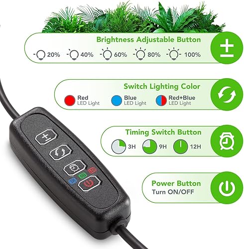 Miniatura 4 de GROWSTAR Luces de plantas para cultivo en interiores, espectro rojo y azul, 4 cabezales de clip, lámparas de cultivo con cables de 10 pies para