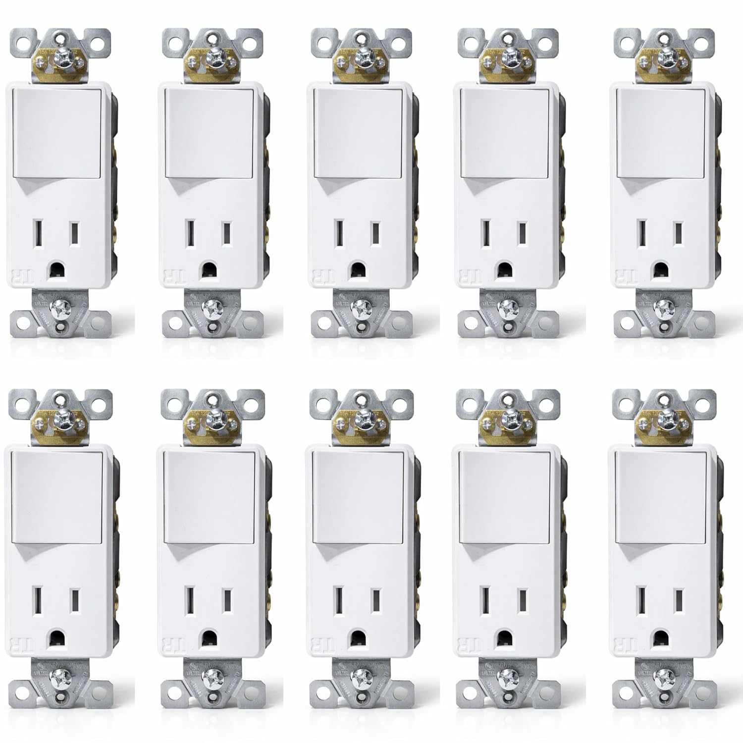 Combination Rocker Light Switch and 15 Amp Tamper Resistant Outlet with Wallplate, Single Pole Decorator Switch and Receptacle Combo Wiring Device, Standard Size, UL Listed, White (6 Pack)