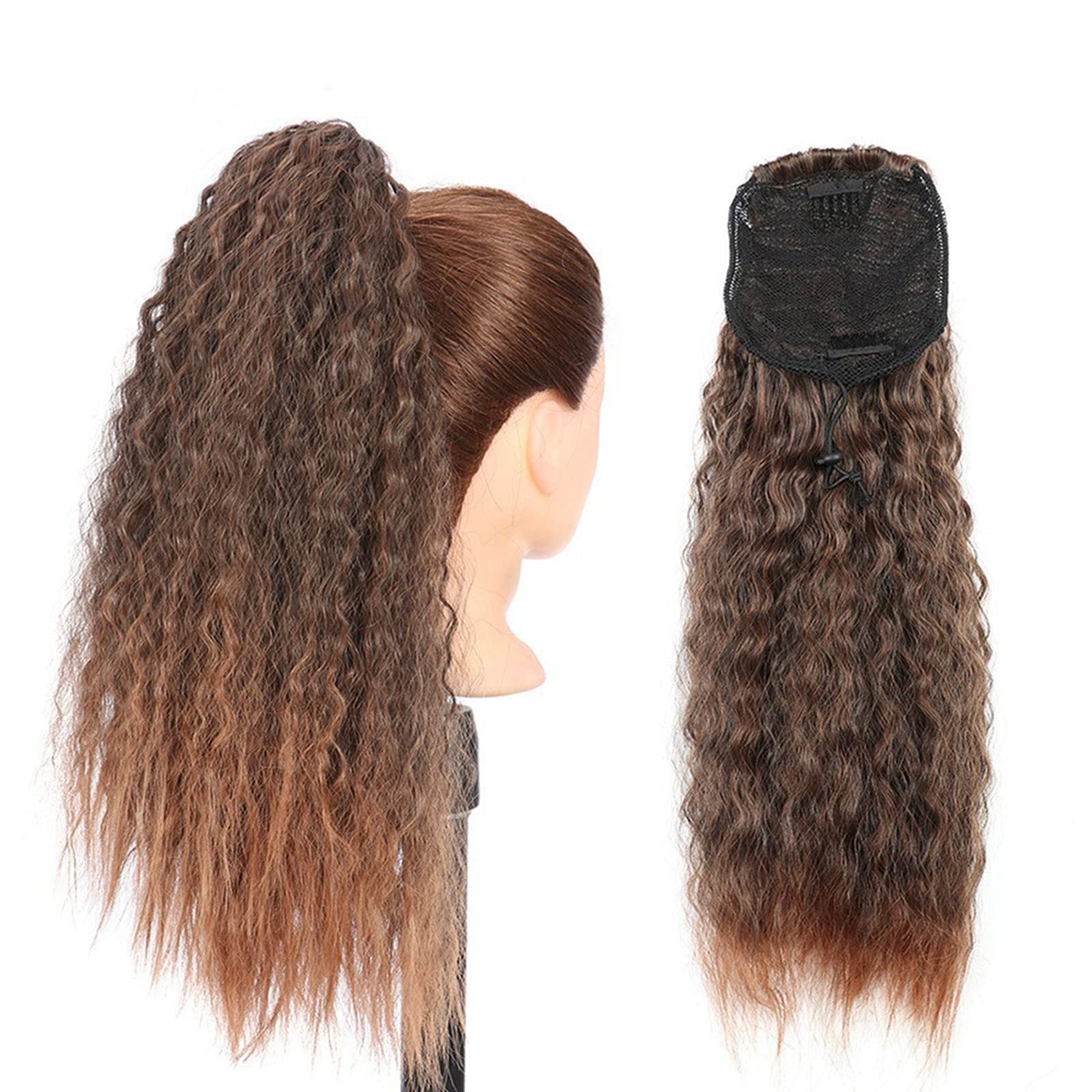 SVOSVAShort Curly Ponytail Extension for Women, Dark Brown Mixed Auburn 18Inch Drawstring Corn Wavy Fluffy Ponytail with Clips, Synthetic Drawstring Ponytail Heat Resistant Hairpiece