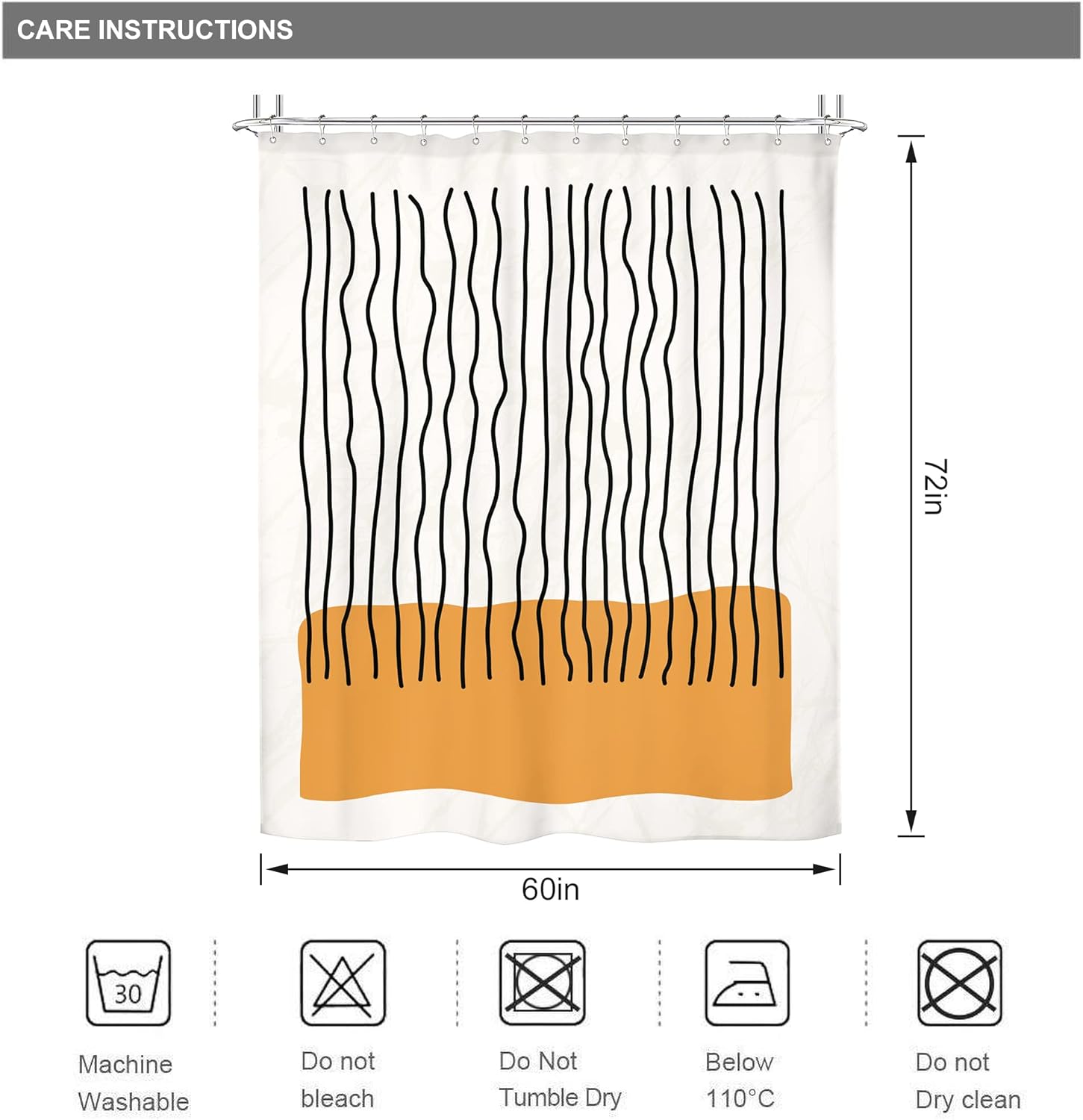 Riyidecor Abstract Mid Century Shower Curtain Modern Minimalist Vertical Stripe and Orange Block 60Wx72H Inch Black Line Colorful Art Painting Fabric Decor Bathroom Polyester Waterproof 12 Pack Hooks