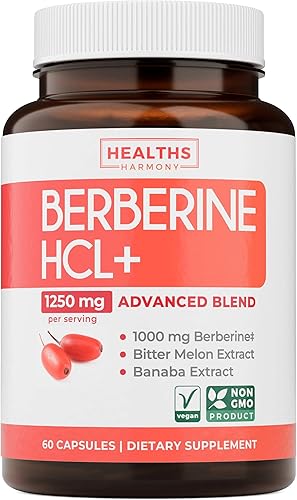 Suplemento de berberina (sin OMG y vegetariano) Berberina HCL Plus Cápsulas de extracto de hoja de banaba y melón amargo - Berberina 500 mg cada