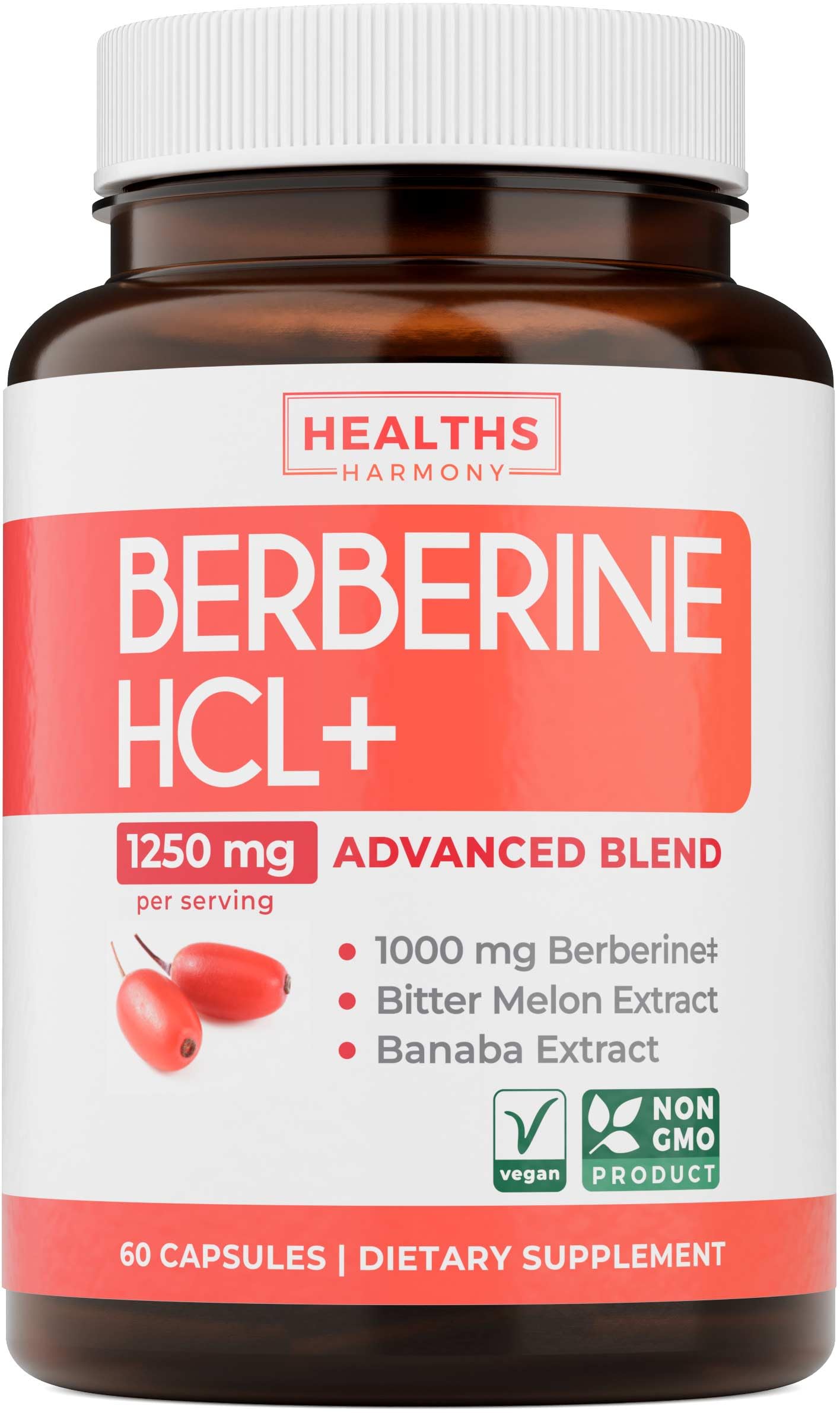 Berberine HCL + 1250mg advanced complex bitter melon extract, Banaba Extract - 60 capsules