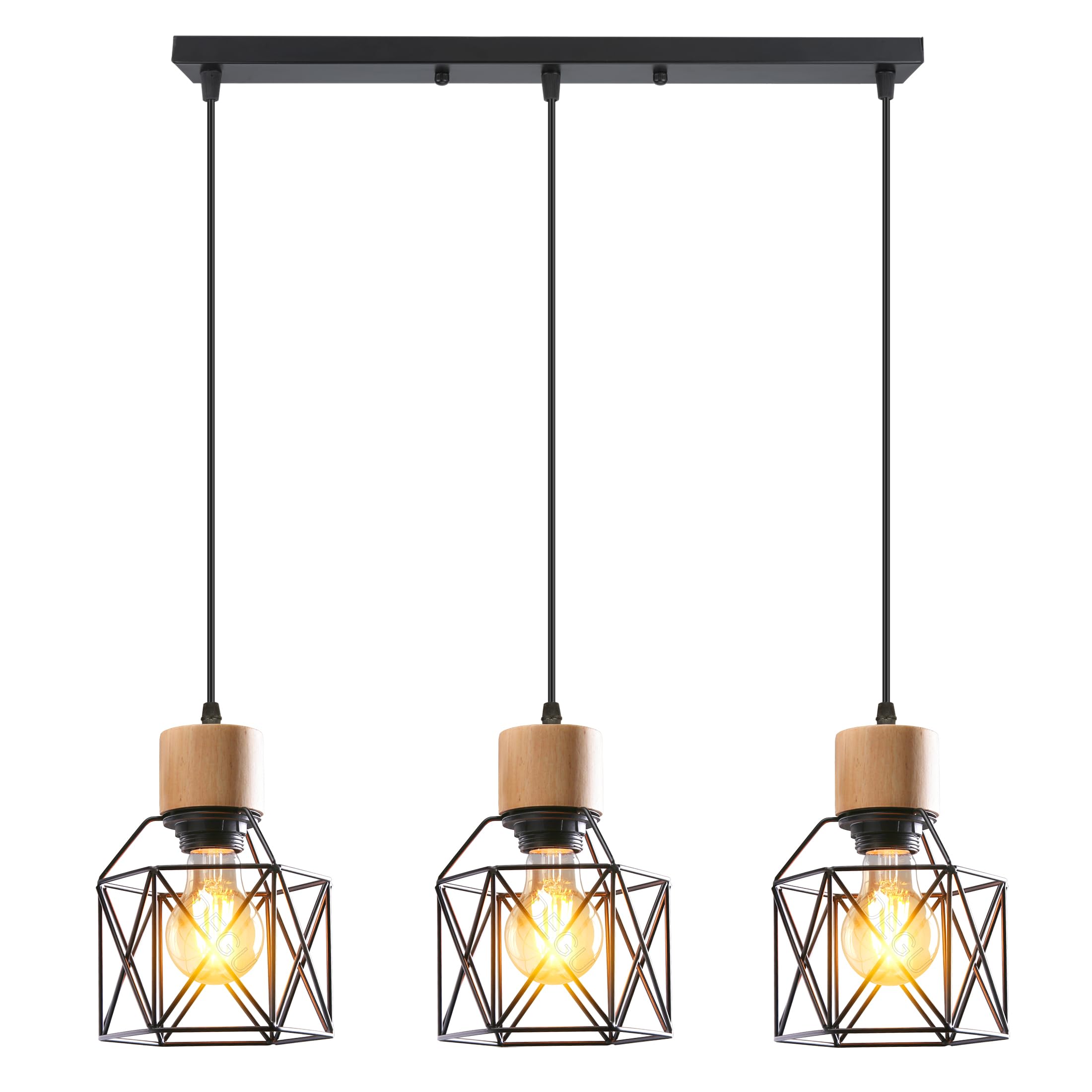 iDEGU Lampara Techo Colgante 3 Luces Vintage Iluminación de Techo de Madera Metal Lámpara de Araña Estilo Jaula Nórdico Lámpara Colgante para Dormitorio Salón Cocina Comedor (Madera, Barra, Negro)
