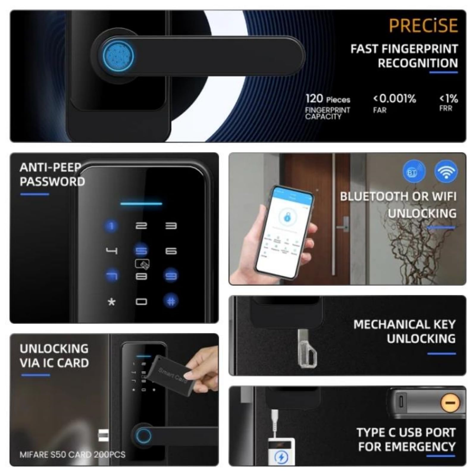 Cerradura inteligente Tuya, cerradura de puerta sin llave con huella dactilar, Bluetooth, Wi-Fi, contraseña, tarjeta IC y control remoto con llave, seguridad mejorada.,Tuyaapp
